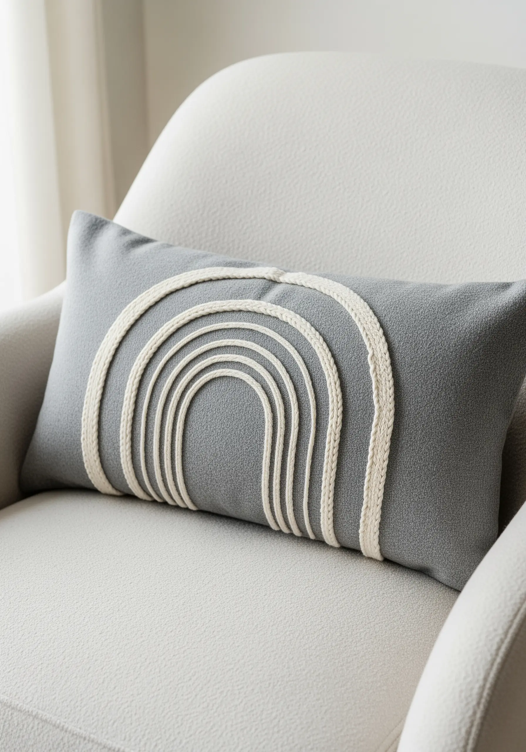 A textured rainbow made from stitched-on braided cord on a grey rectangular pillow.