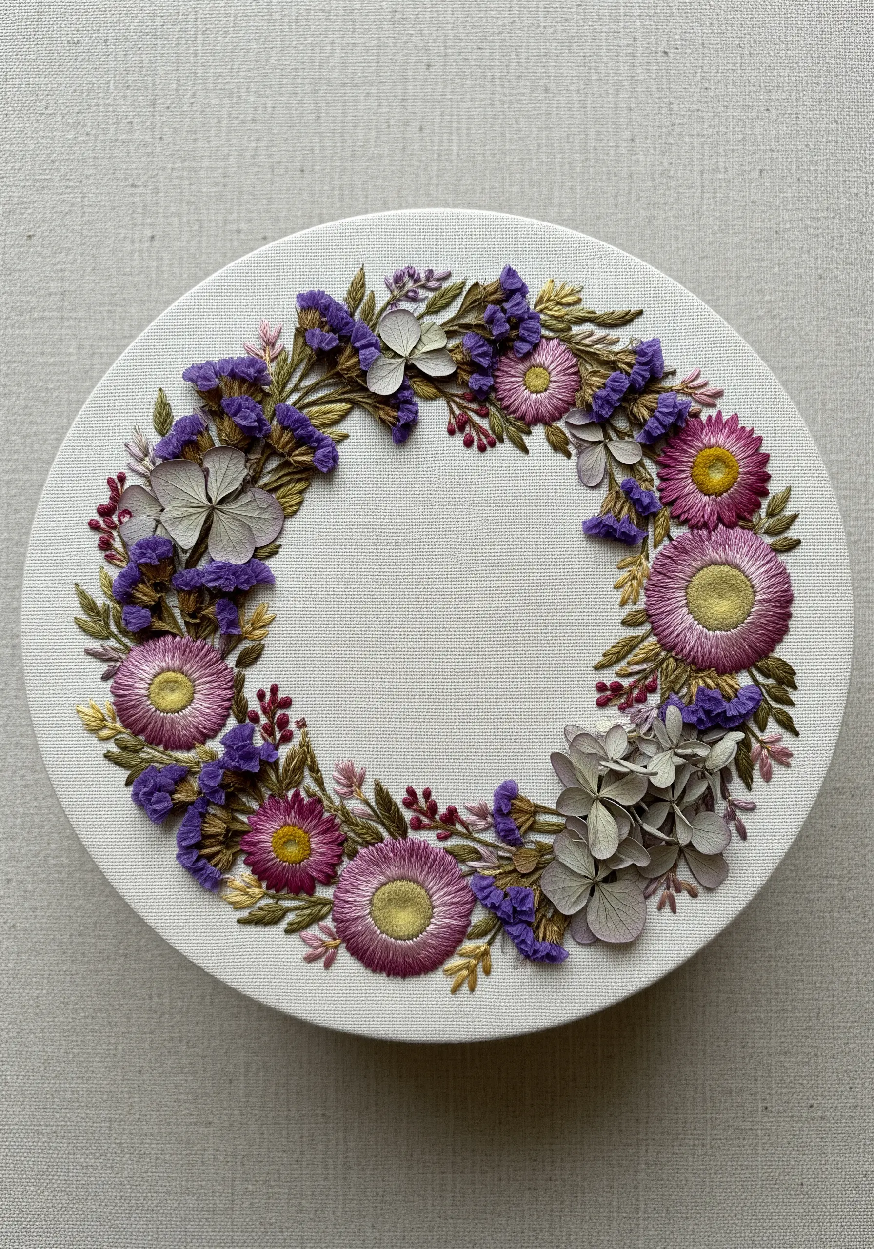 A wreath combining embroidered leaves with real dried strawflowers on canvas.