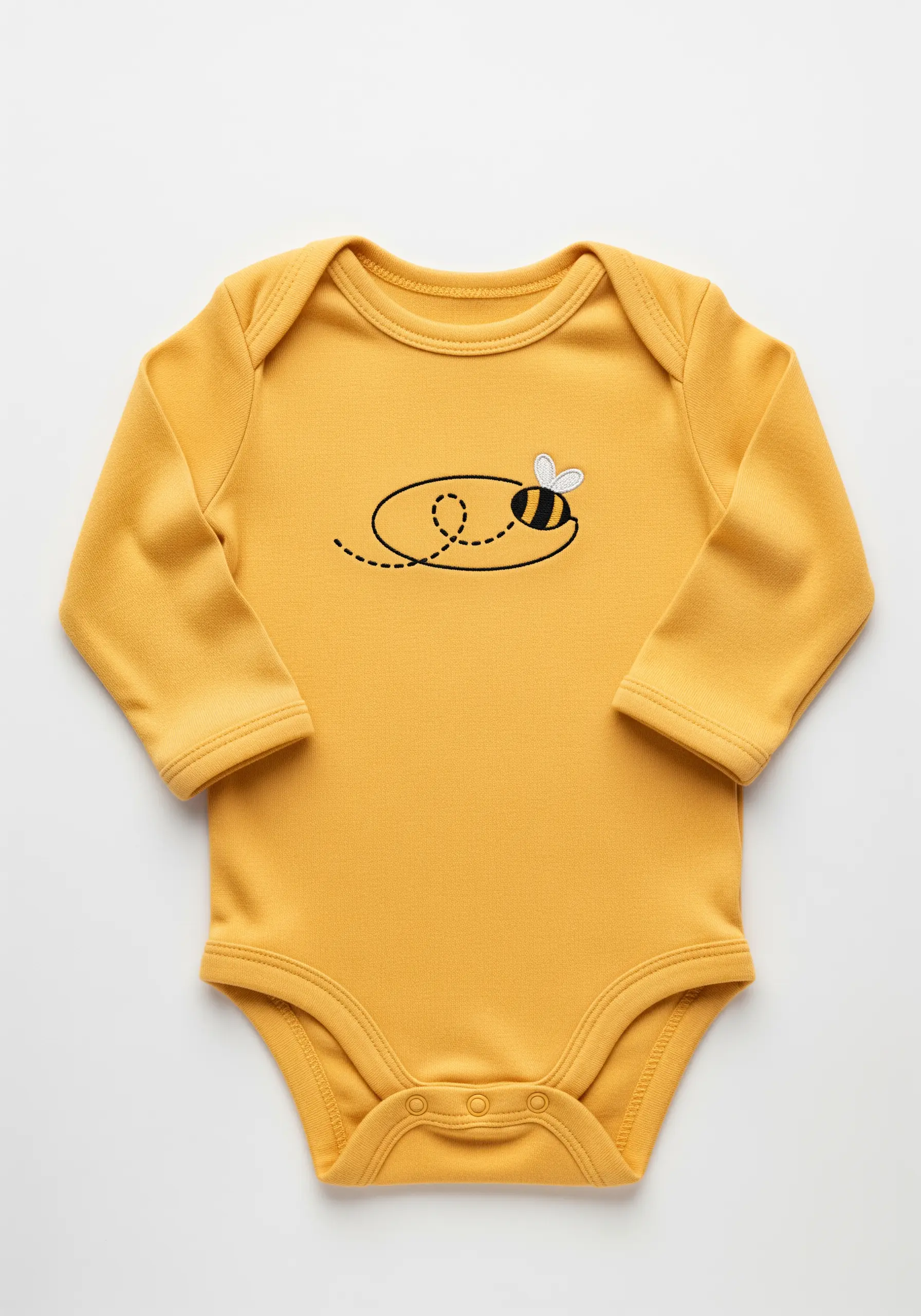A small embroidered bee with a dotted flight path on a yellow baby onesie.