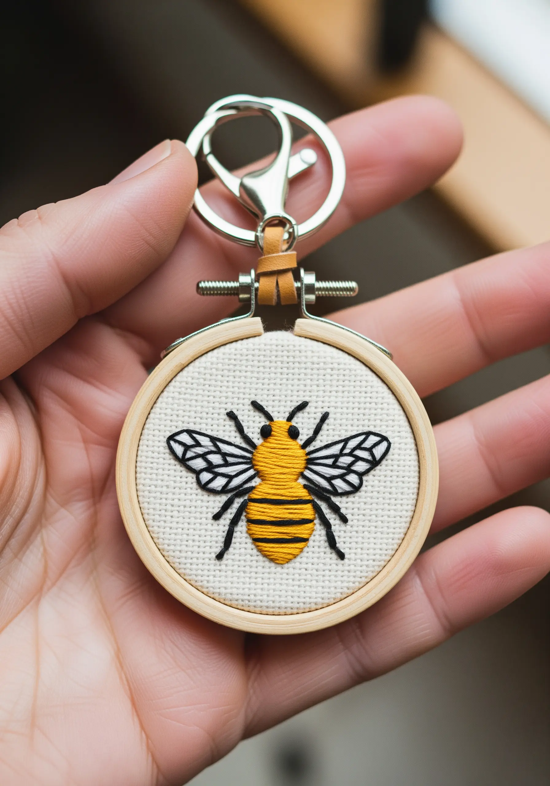 Boldly outlined bee with yellow satin-stitched body in a mini hoop keychain