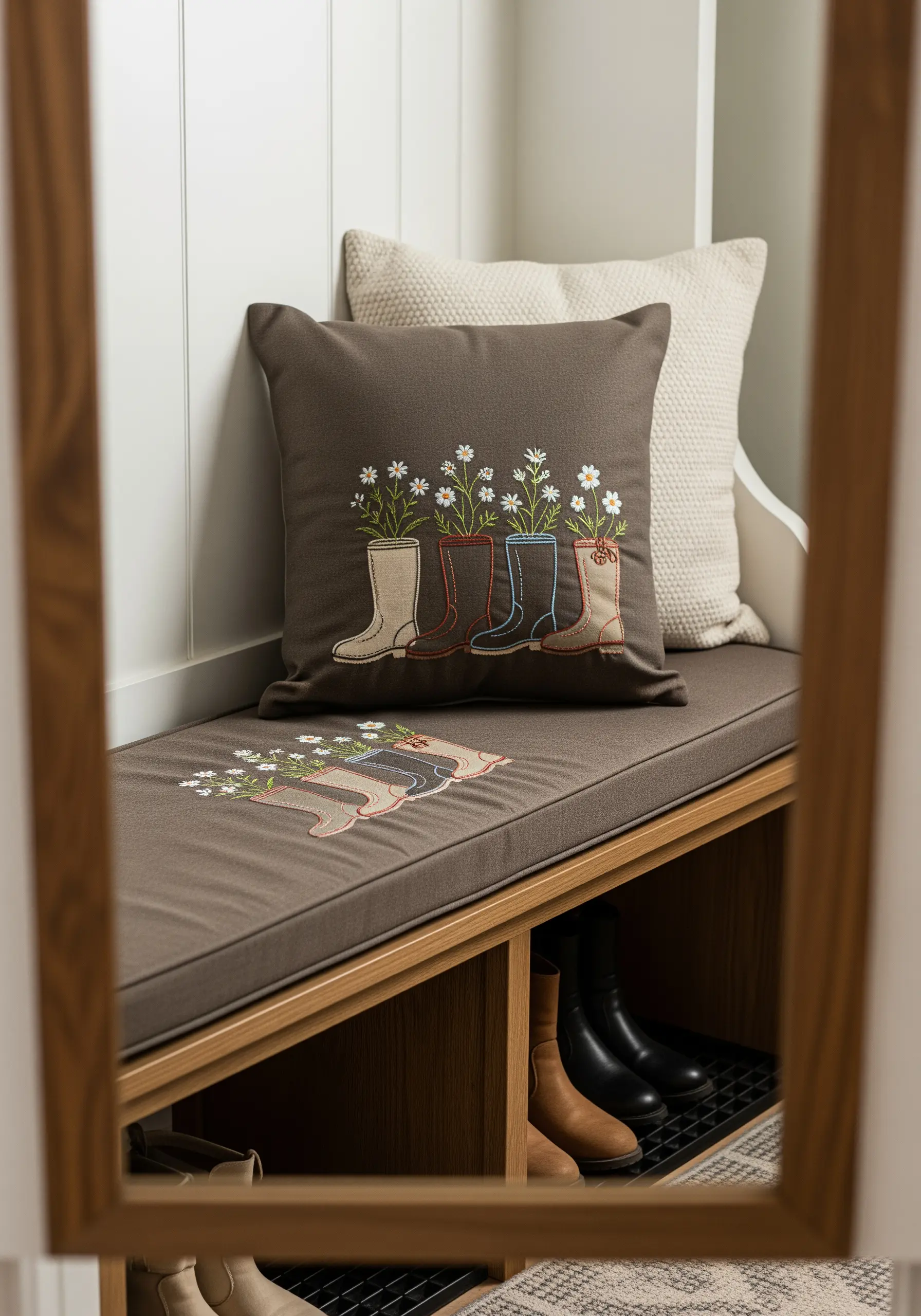 A taupe cushion embroidered with outlines of boots filled with small white daisies.