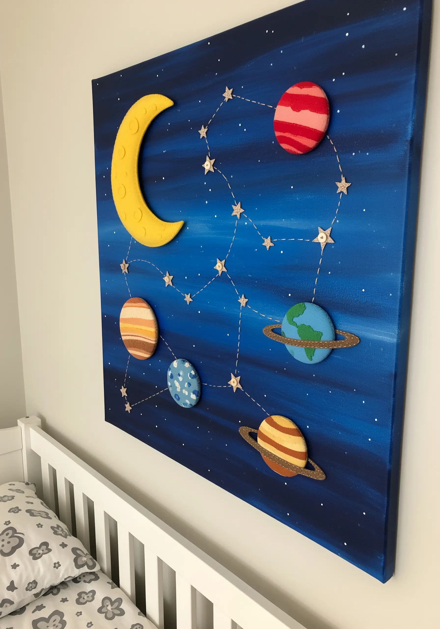 A painted canvas of space with clay planets and gold thread connecting them as constellations.
