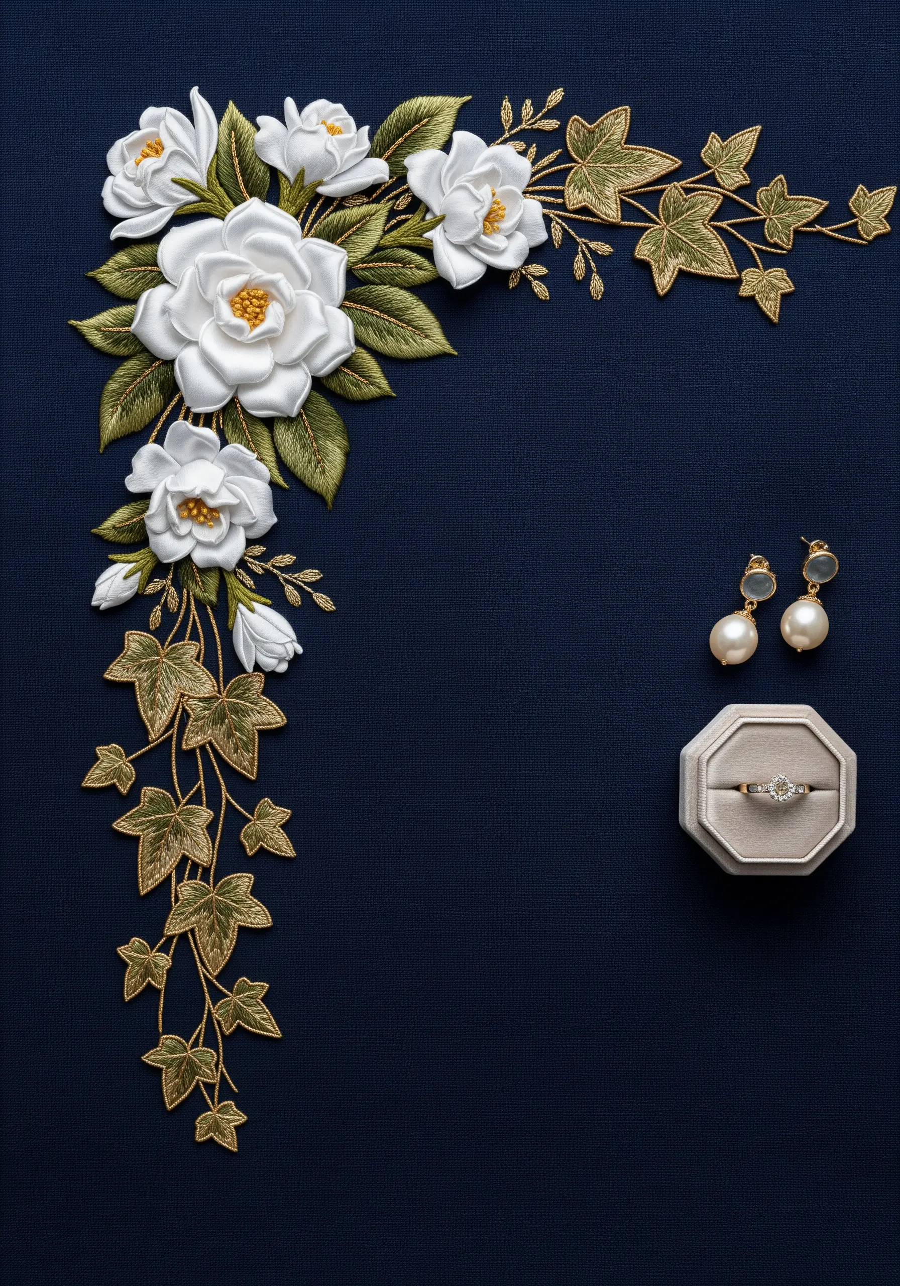 3D white ribbon embroidery roses paired with gold metallic thread ivy on a navy background.