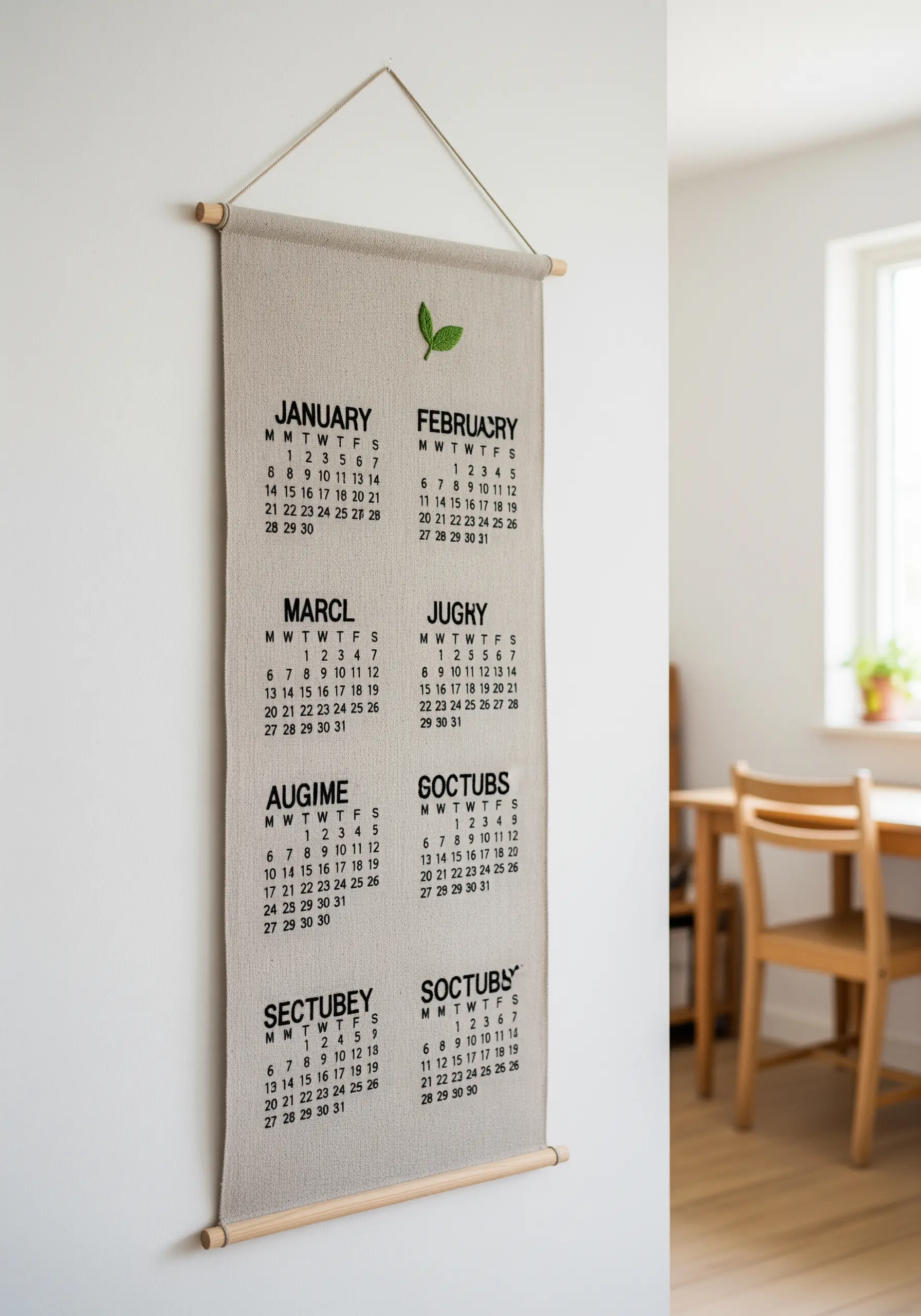 A fabric wall calendar with stamped text and a small embroidered leaf accent.
