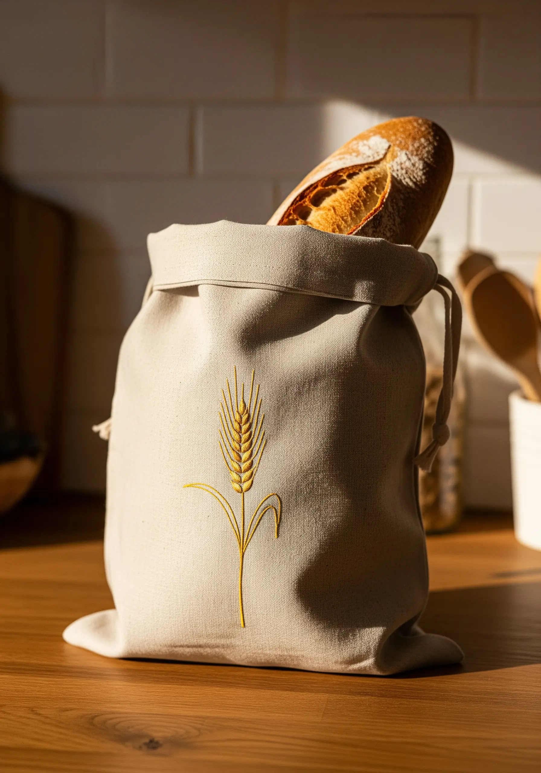 A single stalk of wheat embroidered in golden thread on a linen bread bag.