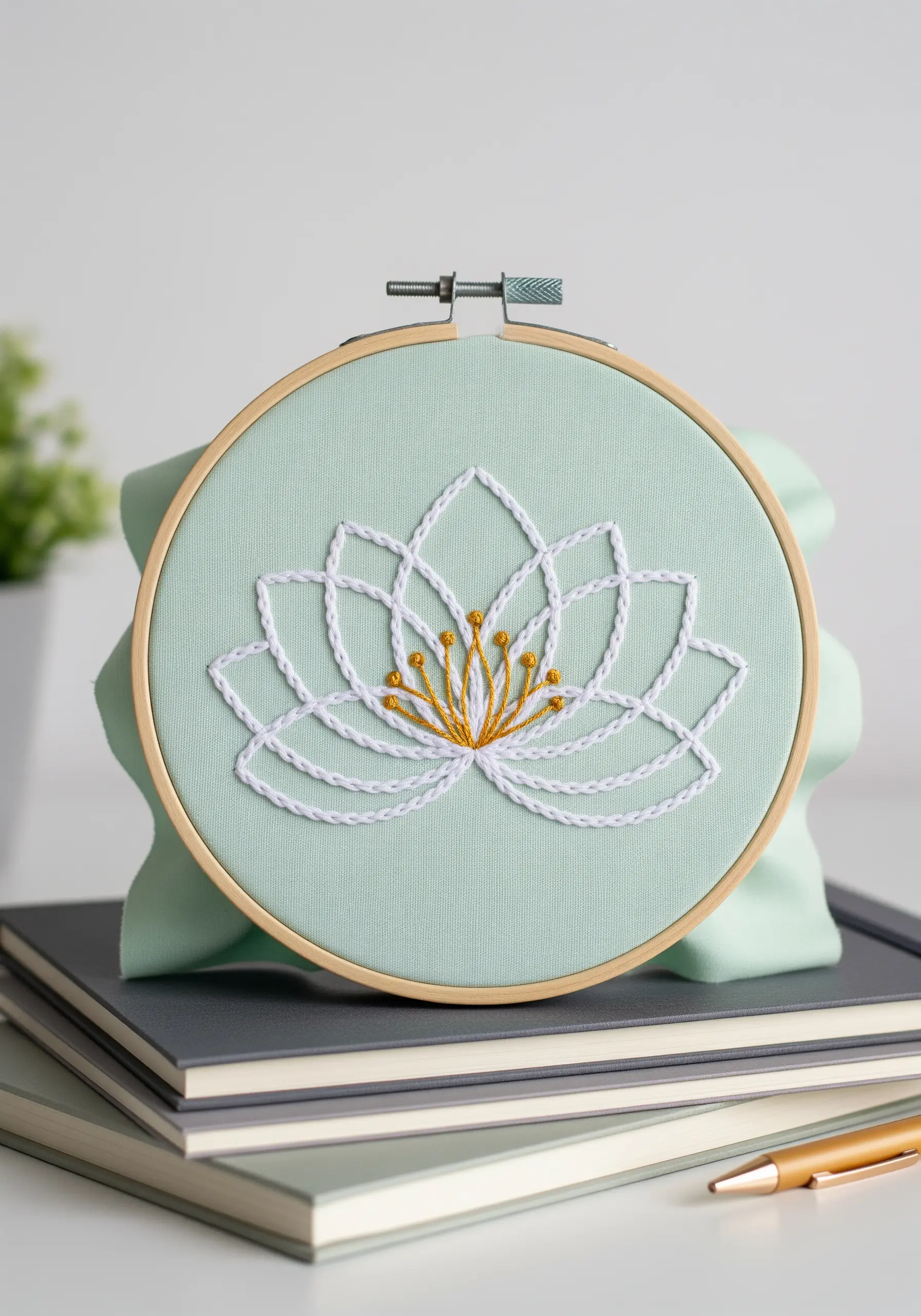 Geometric lotus flower outline in white and gold thread on mint green fabric.