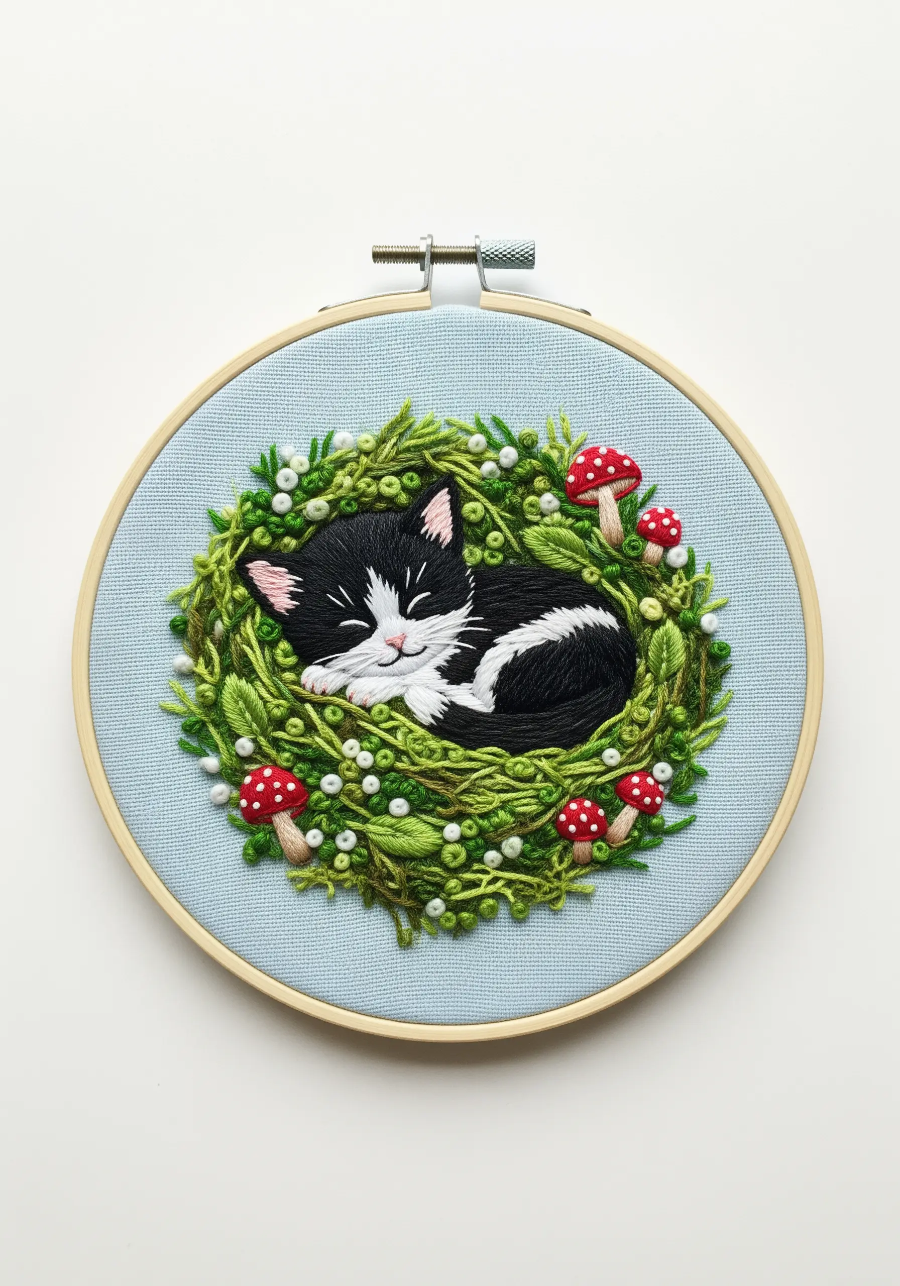 Sleeping kitten embroidered in a textured green wreath with mushrooms.