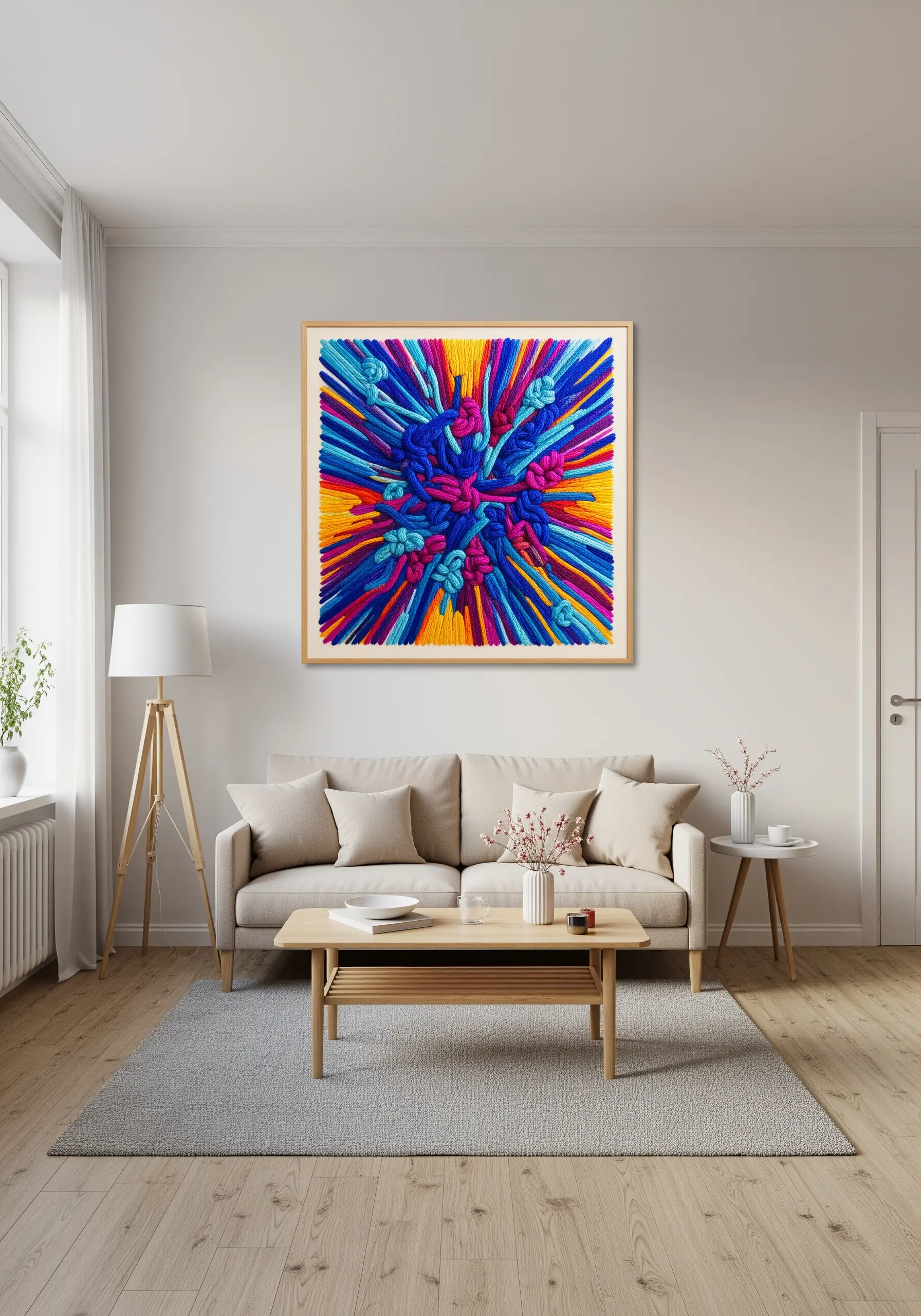 A large, framed abstract fiber art piece with vibrant, 3D sculptural stitches.