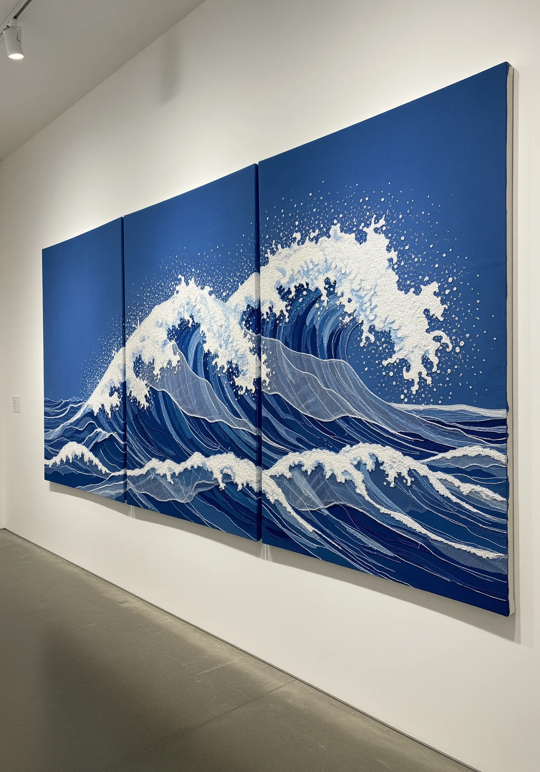 A large three-panel wall art piece depicting a dramatic, crashing ocean wave in blue and white.