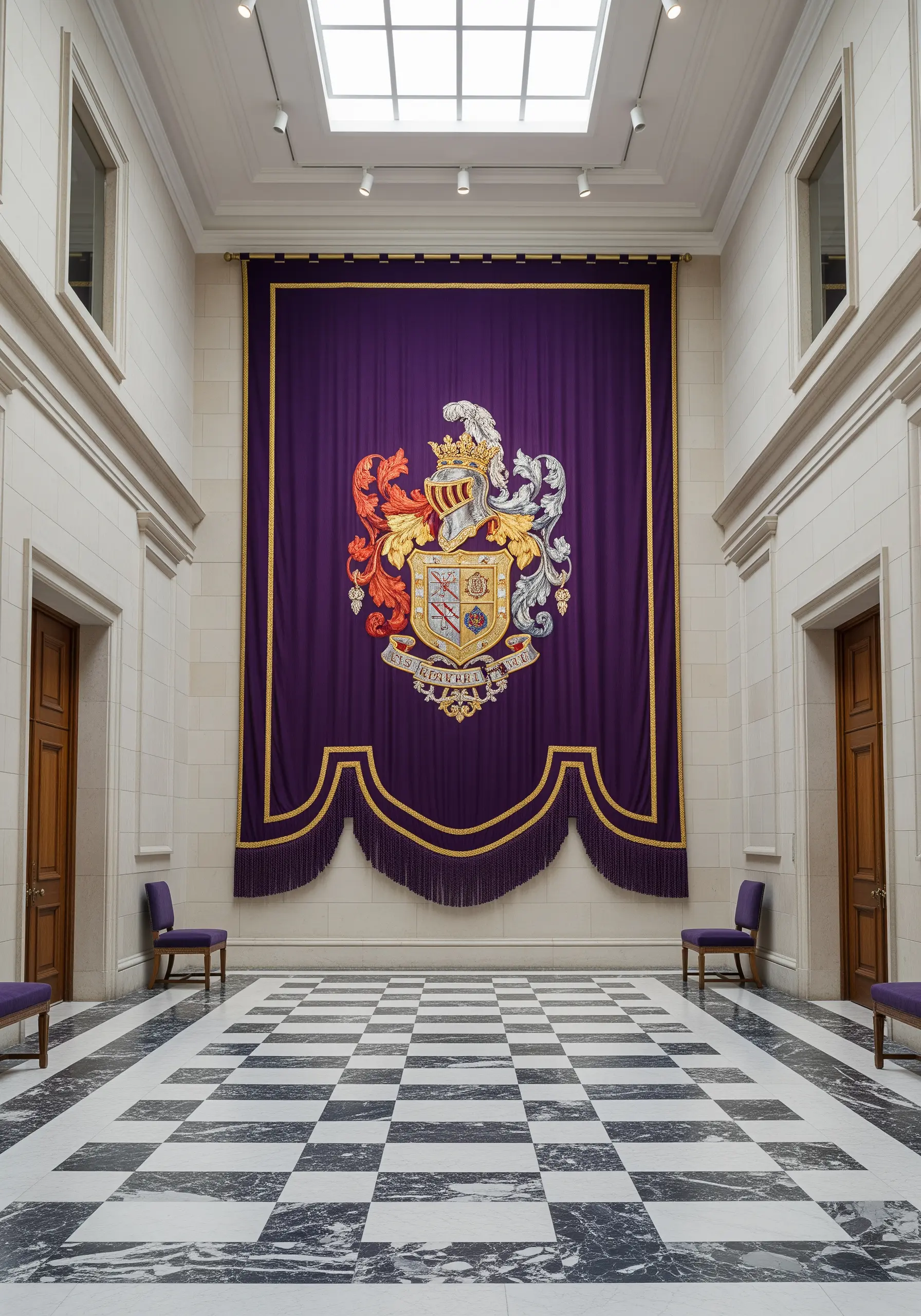 A massive purple banner with an ornate, multi-colored coat of arms in a grand hall.