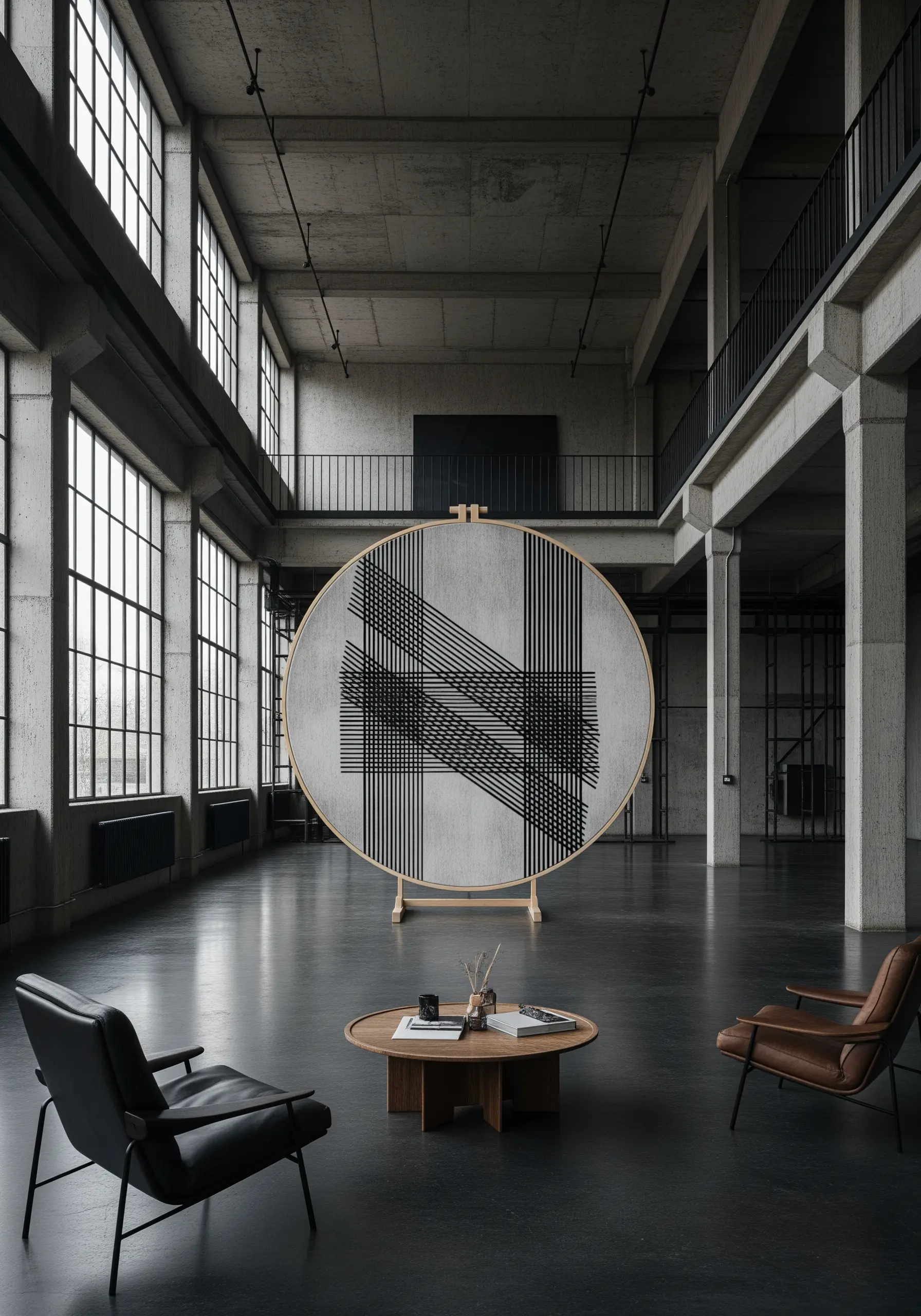 An oversized embroidery hoop with intersecting black lines on a concrete-like fabric.