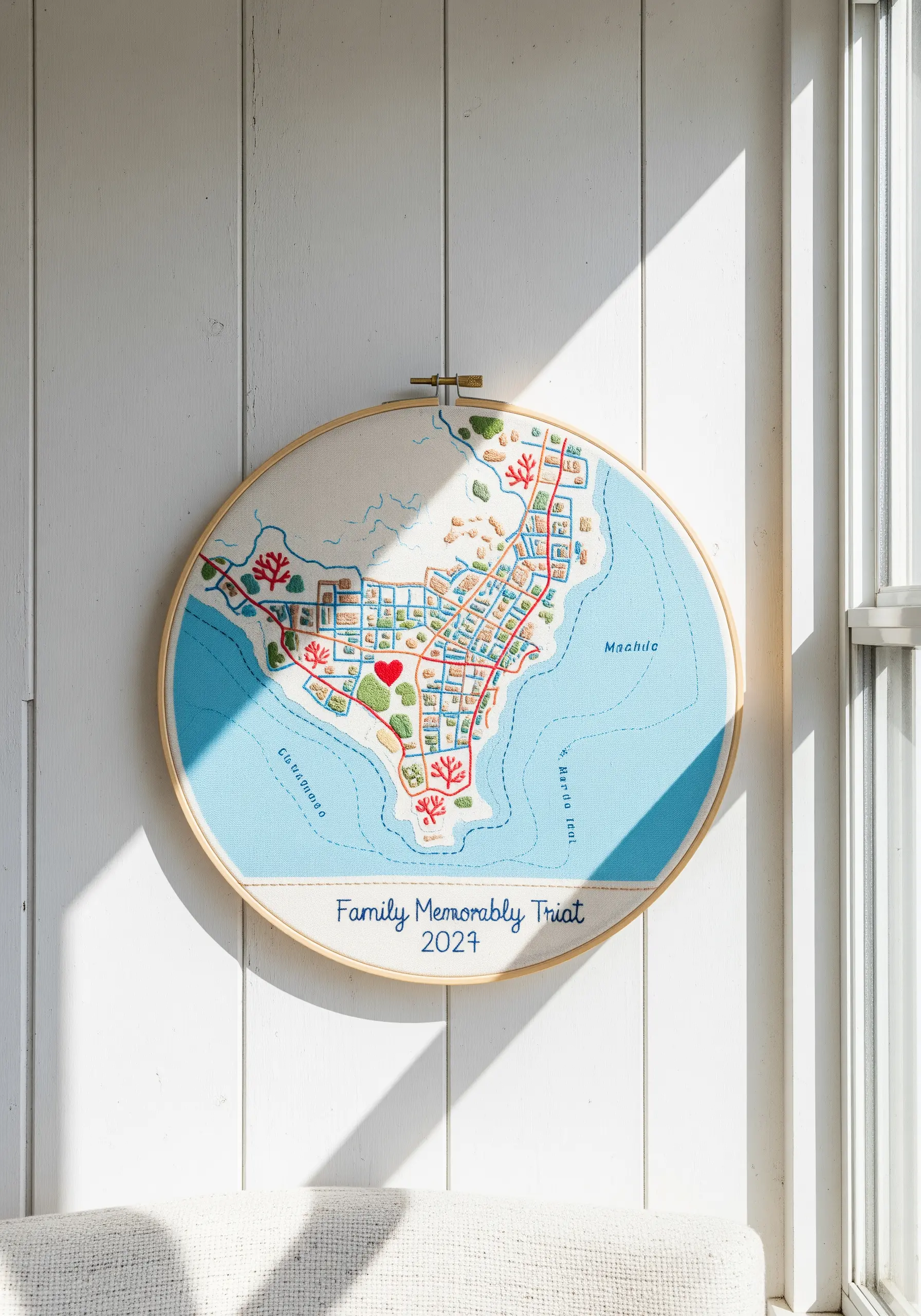 An embroidery hoop featuring a stitched map of a coastal town with a red heart.