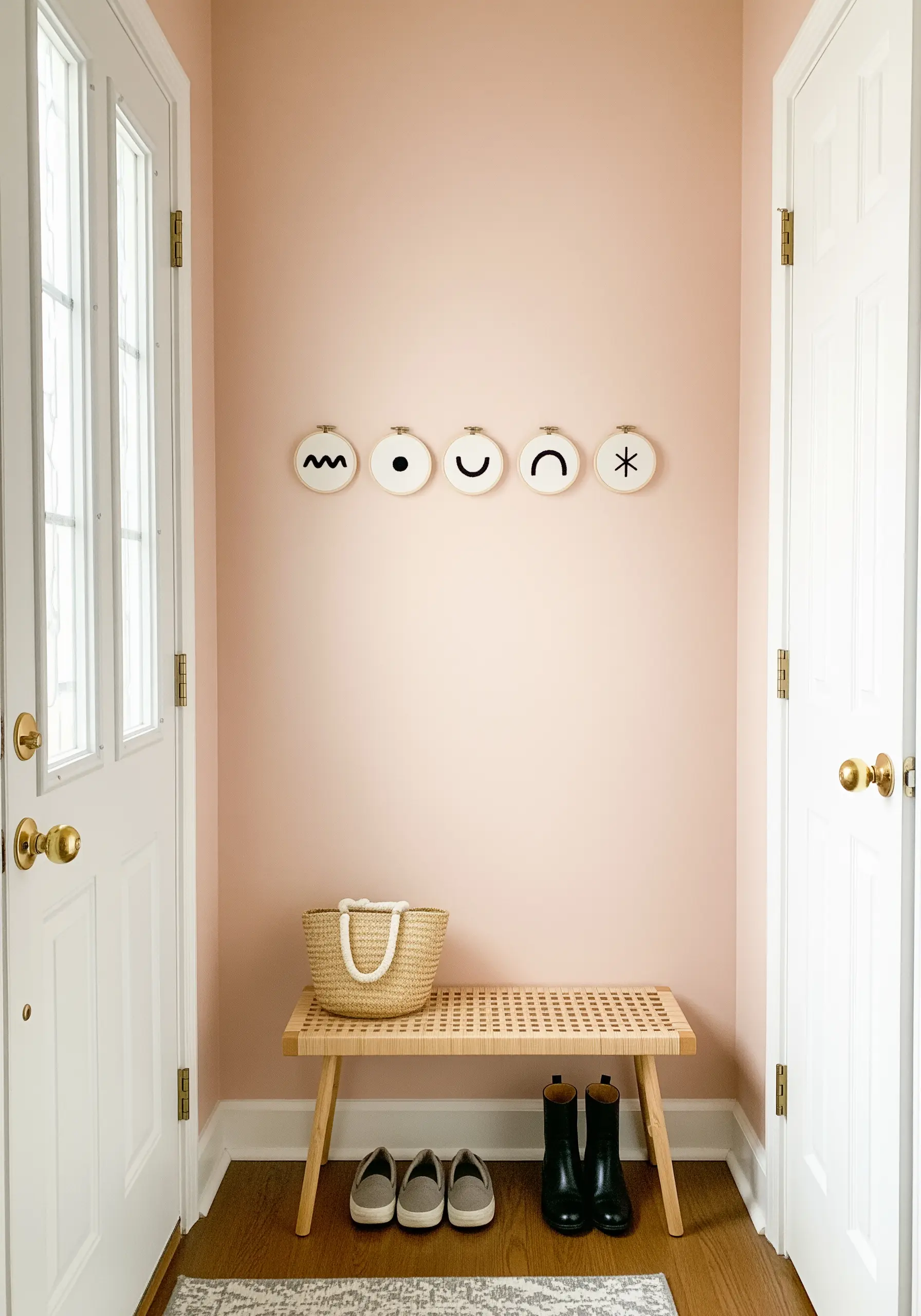 A row of five small hoops, each with a different simple abstract black symbol.