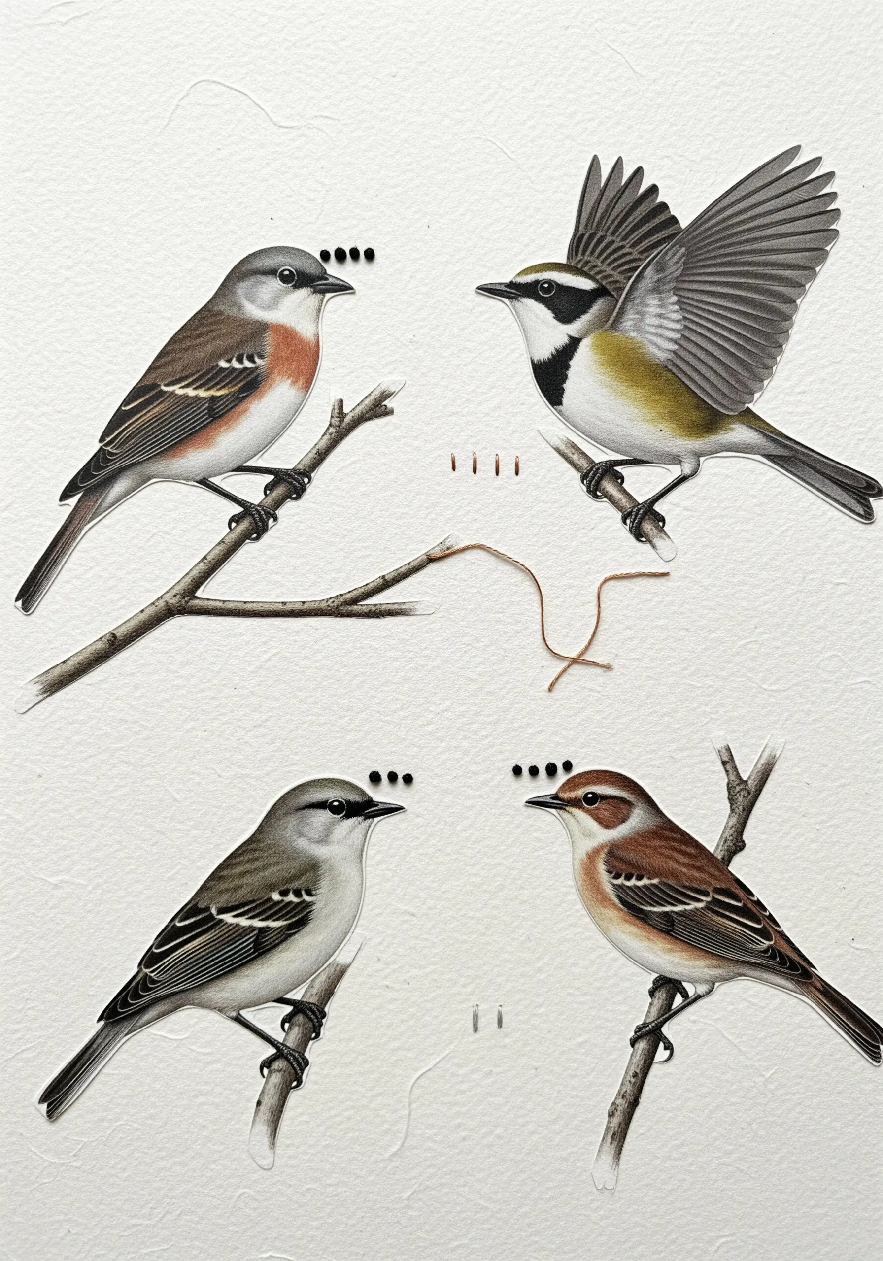 A collage of vintage bird illustrations with embroidered French knot ellipses above their heads.