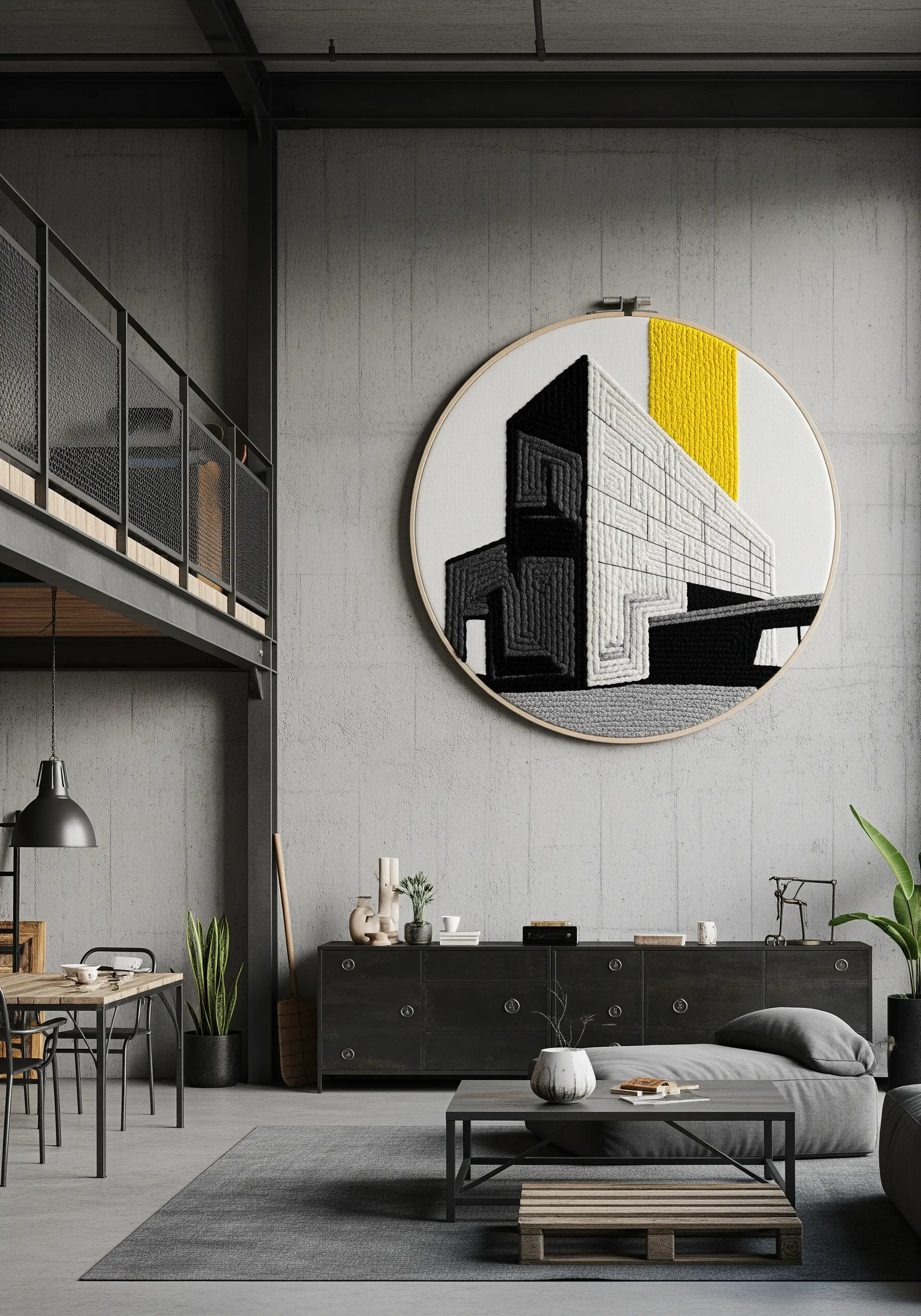 A large architectural embroidery in grayscale with a pop of yellow.