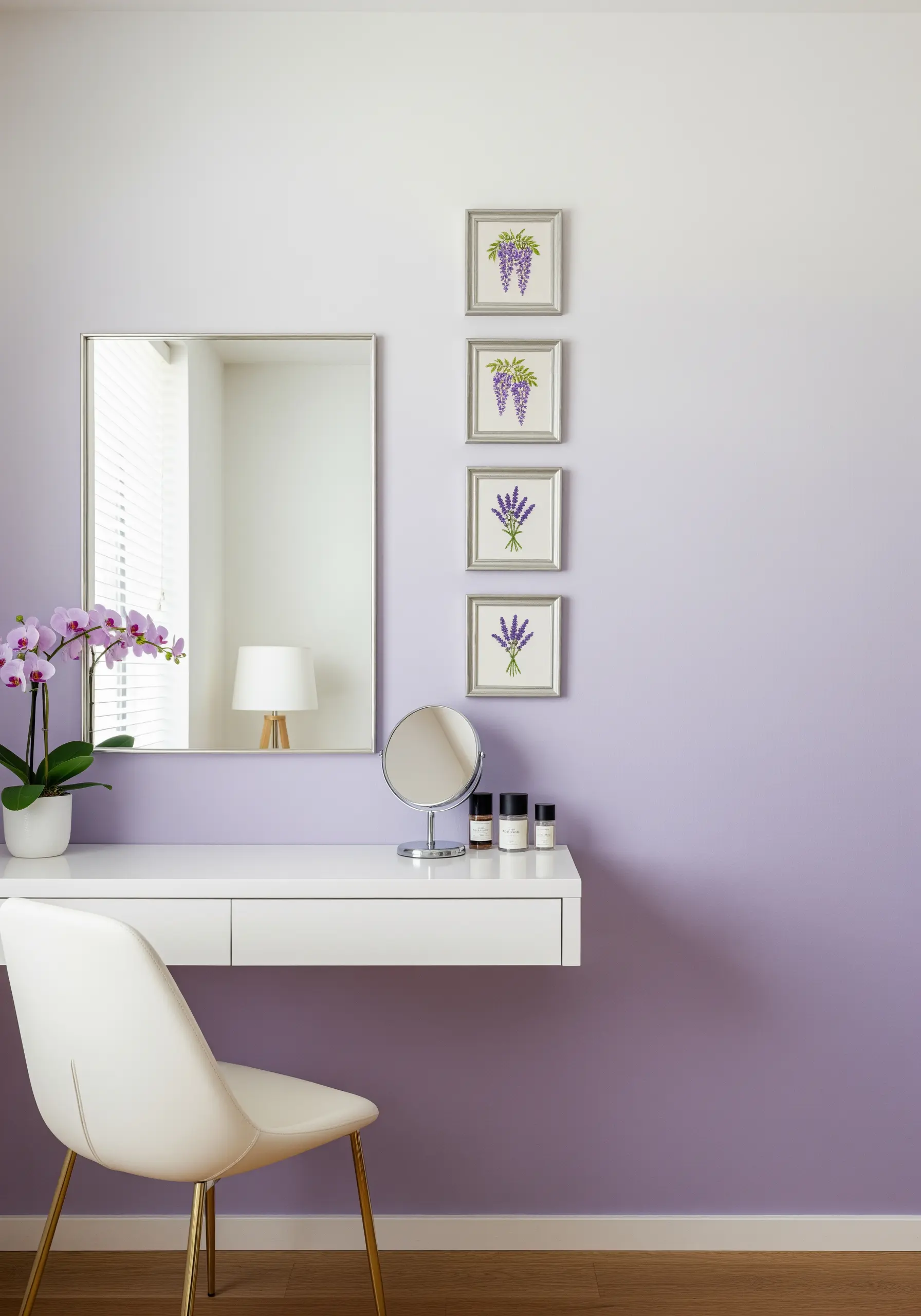 Four framed floral embroideries hanging vertically on a purple ombré wall.