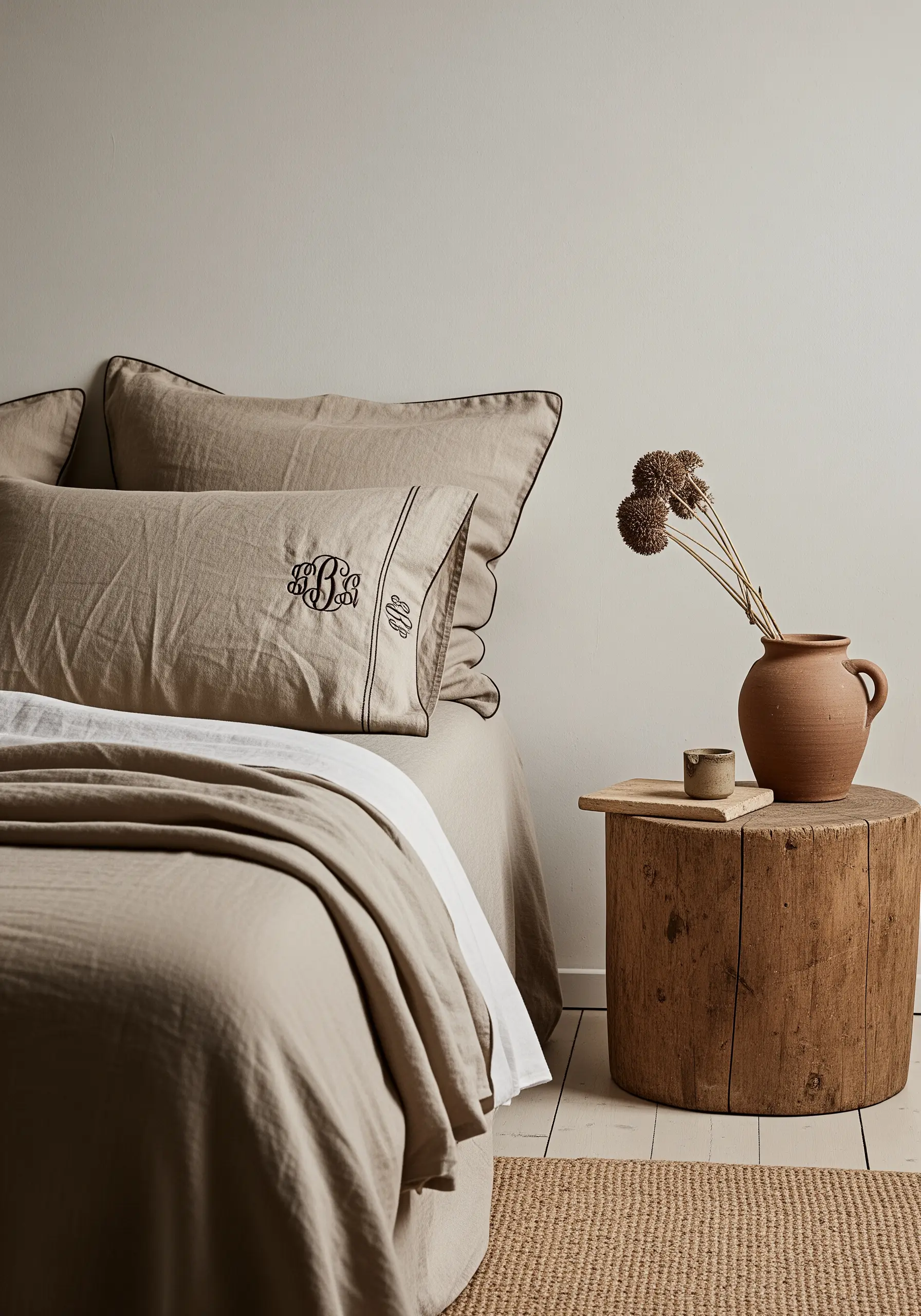 A classic dark monogram stitched on a rumpled, rustic linen pillowcase.