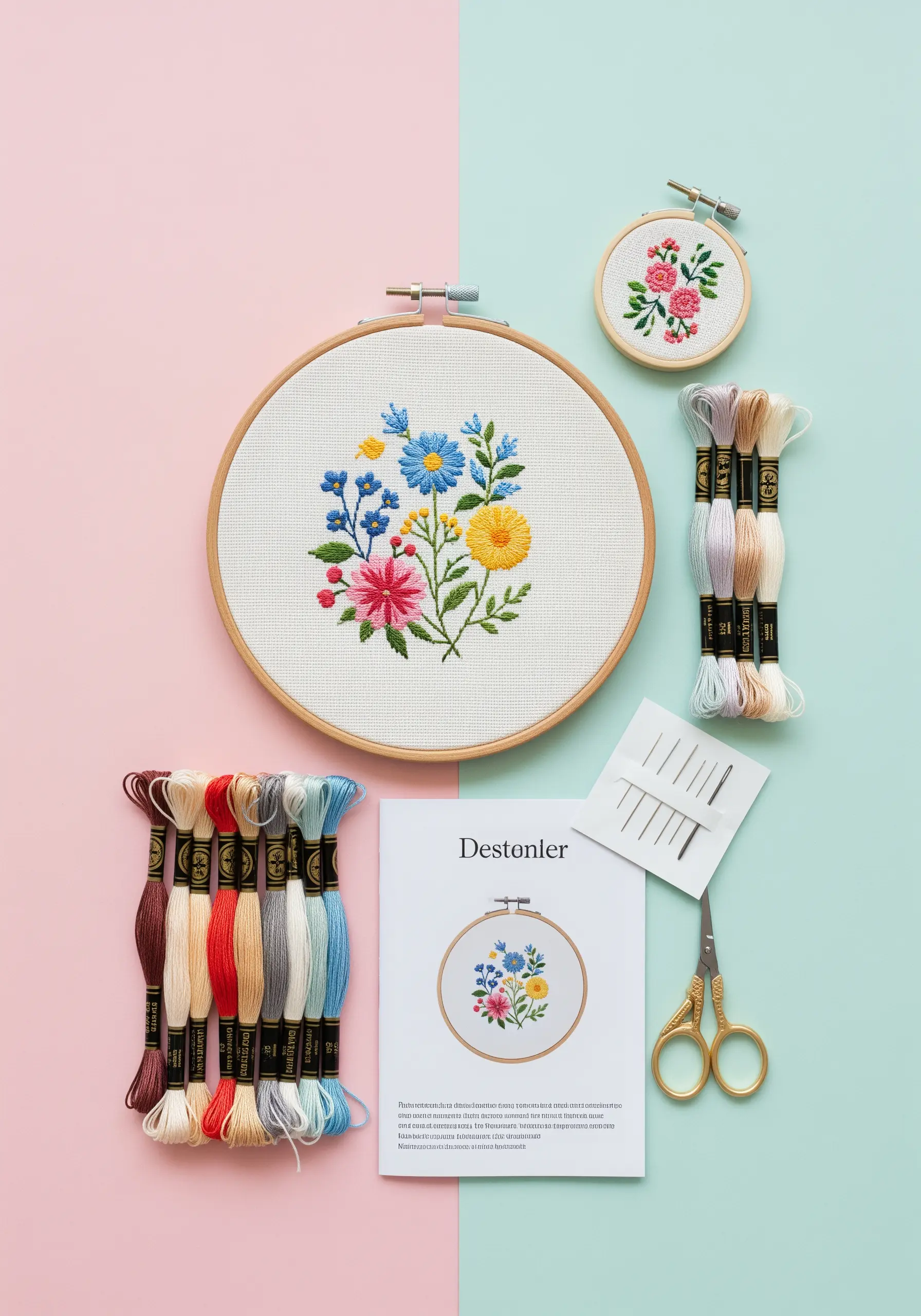 A colorful embroidered wildflower bouquet in a hoop, surrounded by threads and supplies.