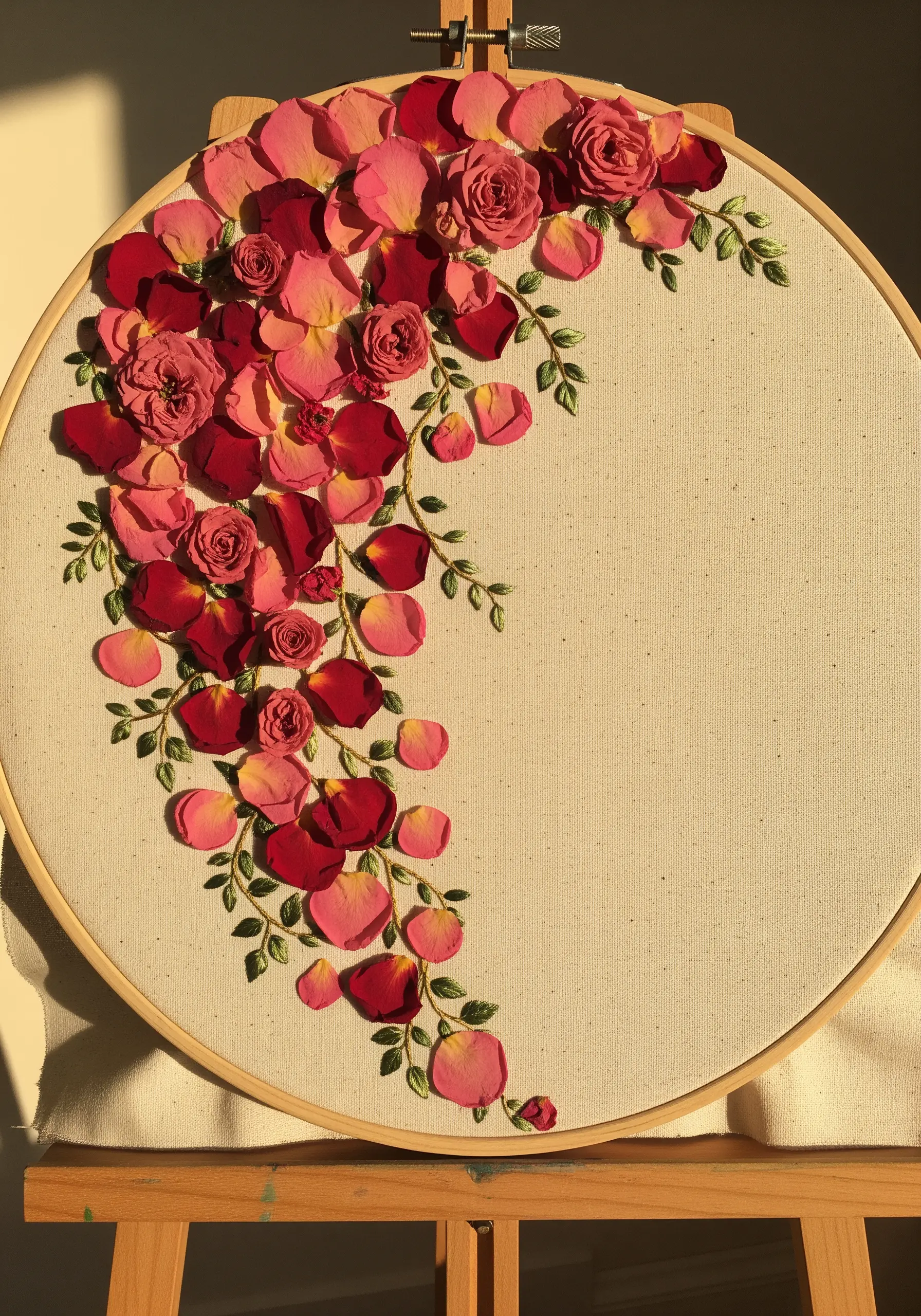 A cascade of pressed rose petals and embroidered vines in a large hoop.