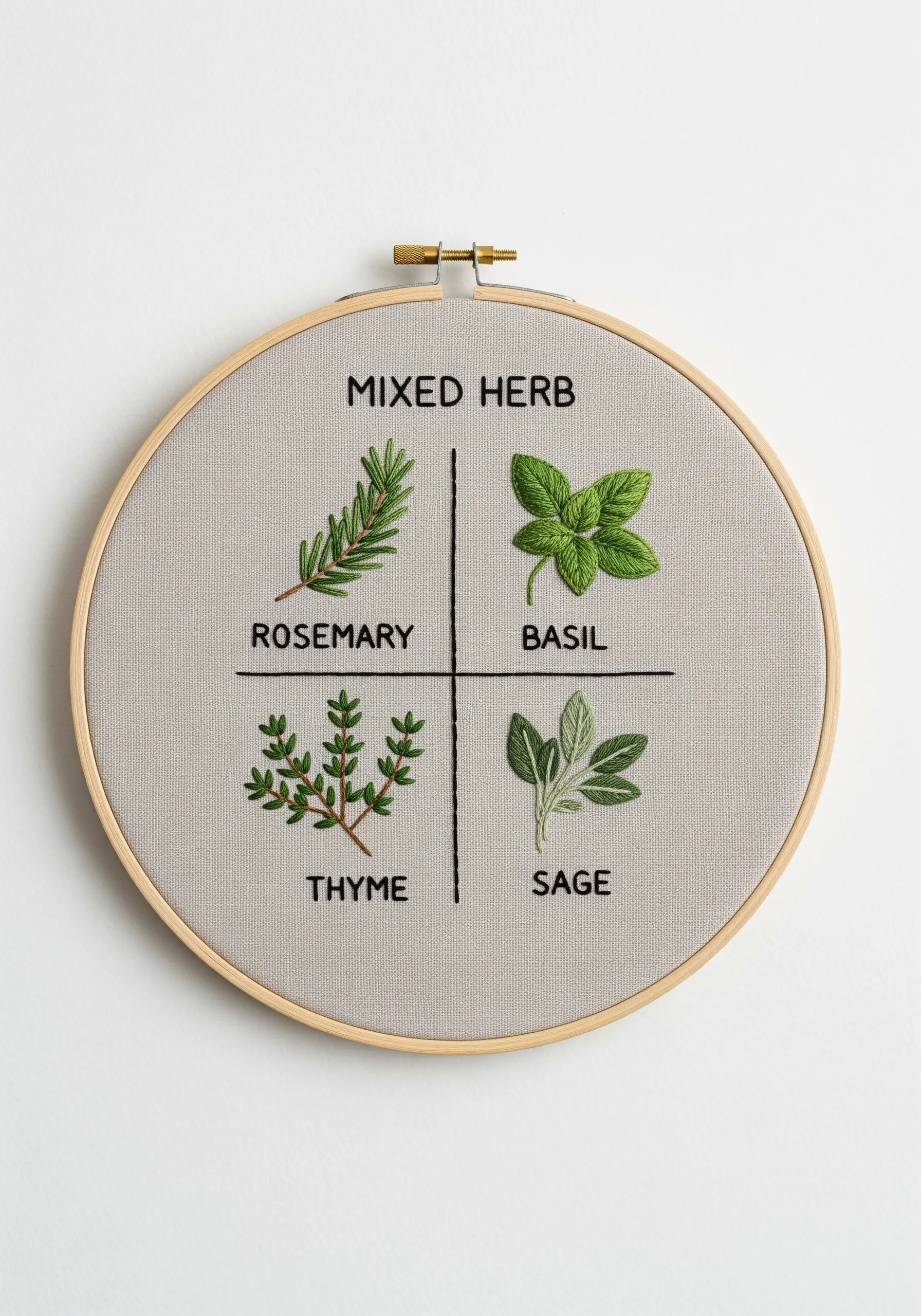 An embroidery hoop art sampler featuring rosemary, basil, thyme, and sage in four quadrants.