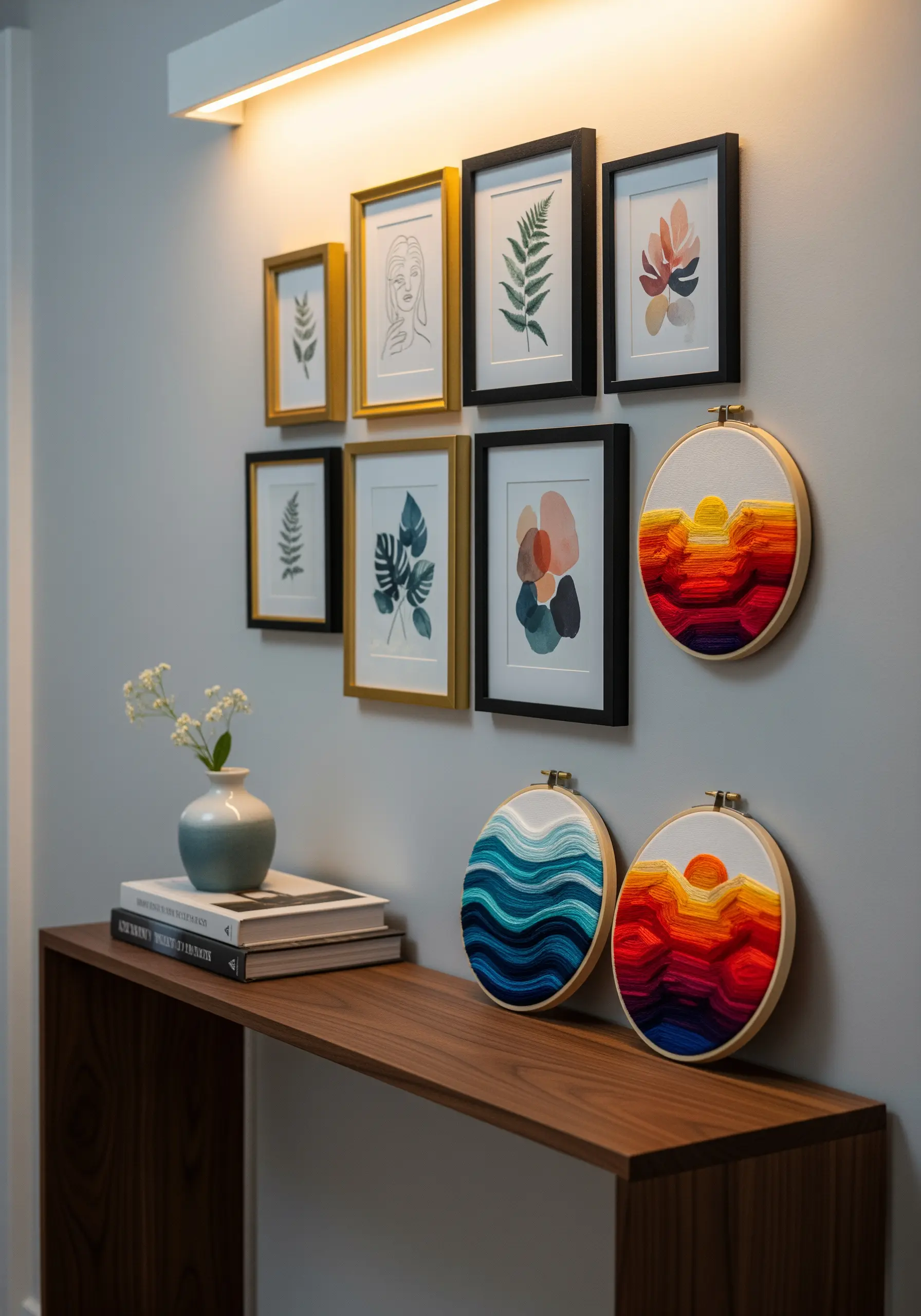 A gallery wall with framed prints and several abstract embroidery hoops in sunset colors.
