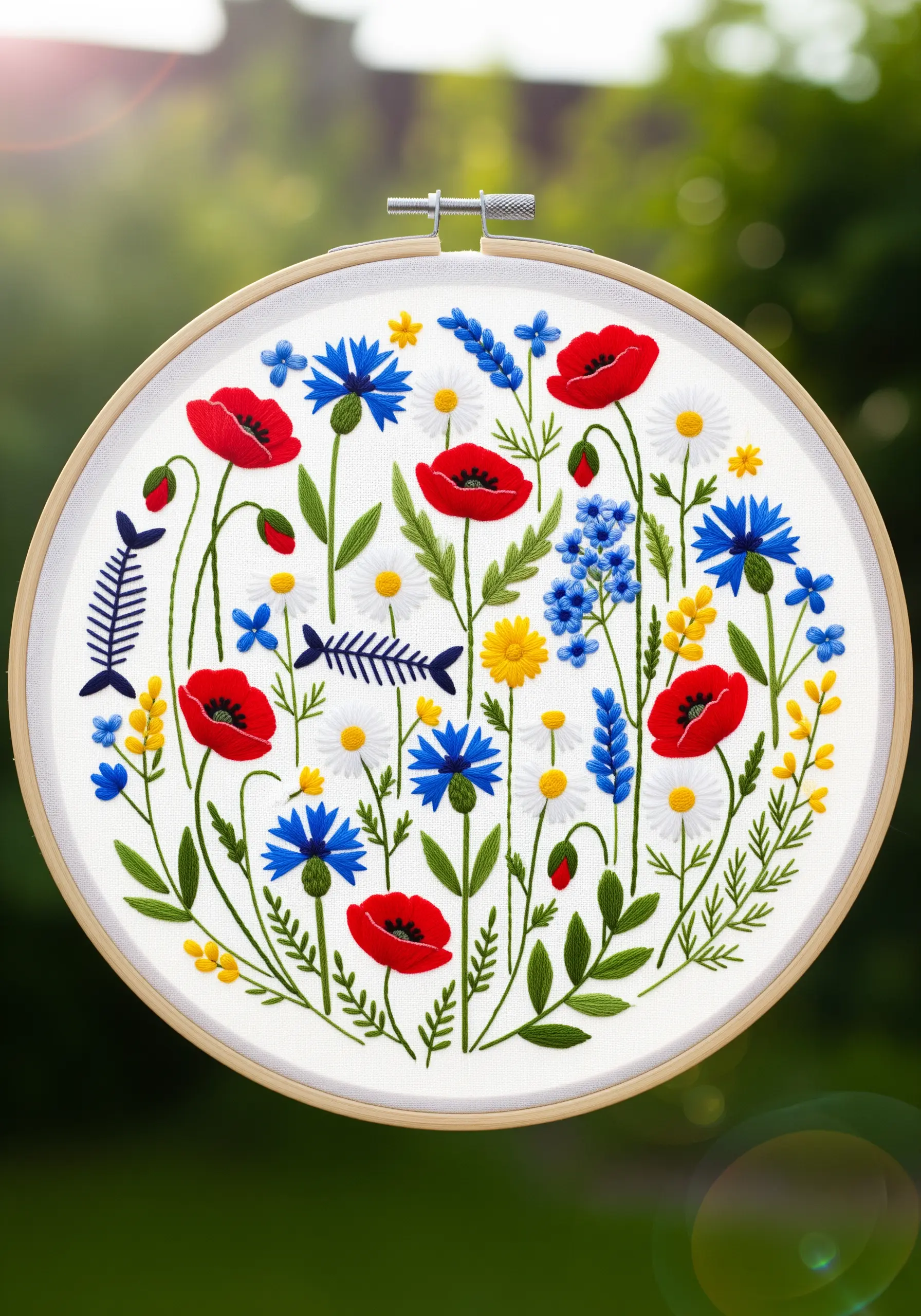 A vibrant wildflower meadow embroidery with poppies, cornflowers, and whimsical fish skeletons.