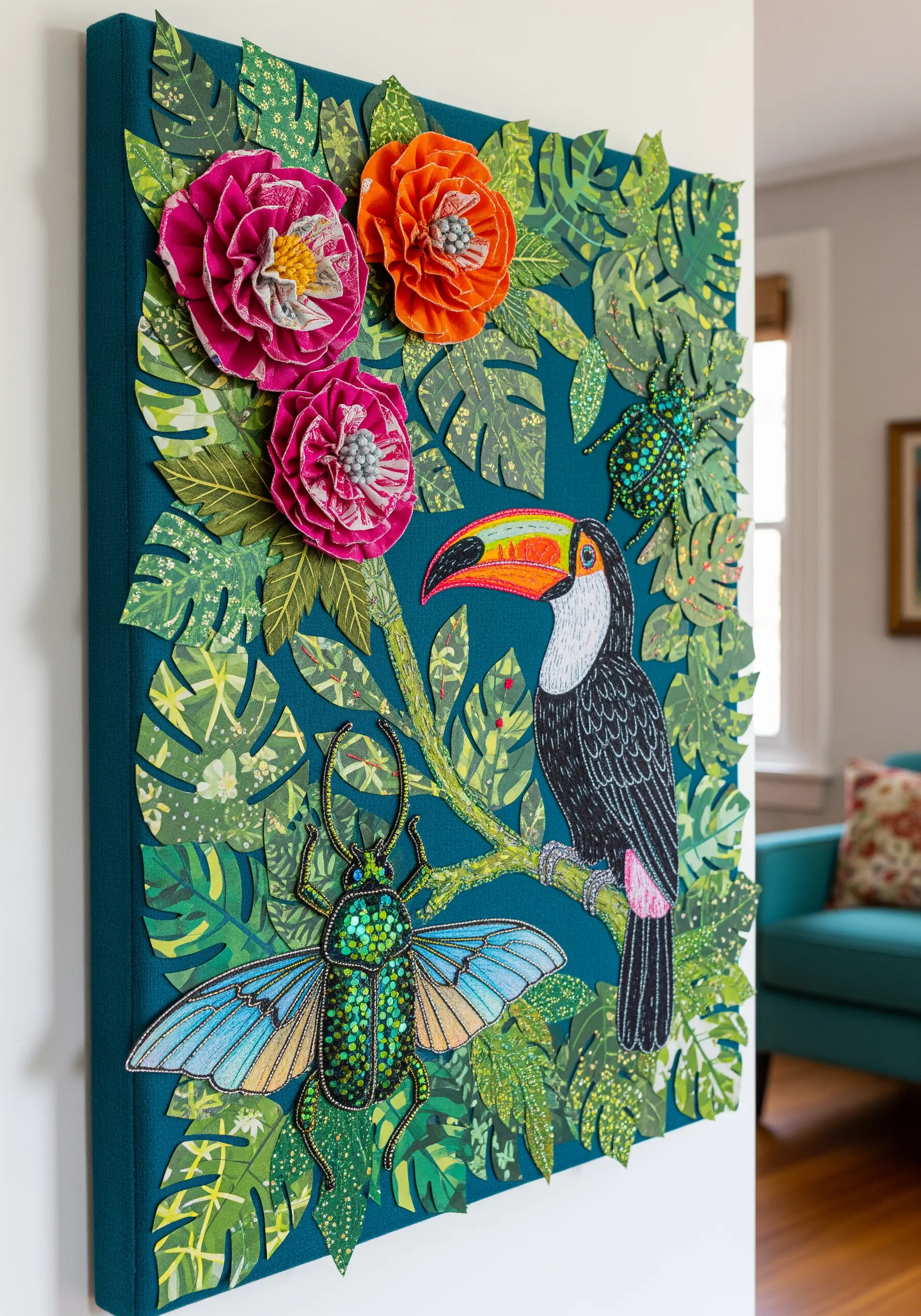 Jungle collage with paper leaves, a stitched toucan, and heavily beaded insects.