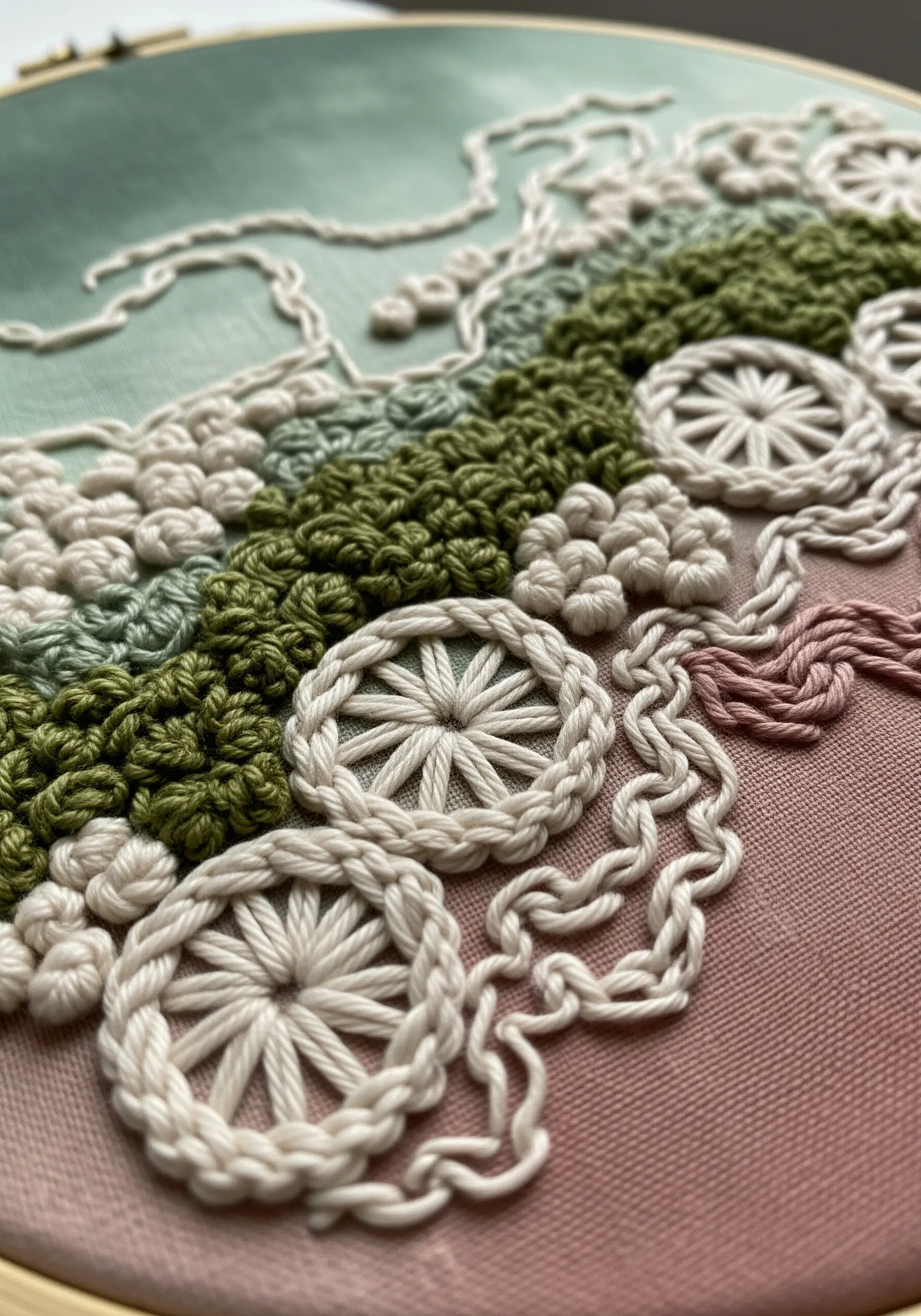 A textural landscape of embroidery stitches, including woven wheels, French knots, and chain stitches.