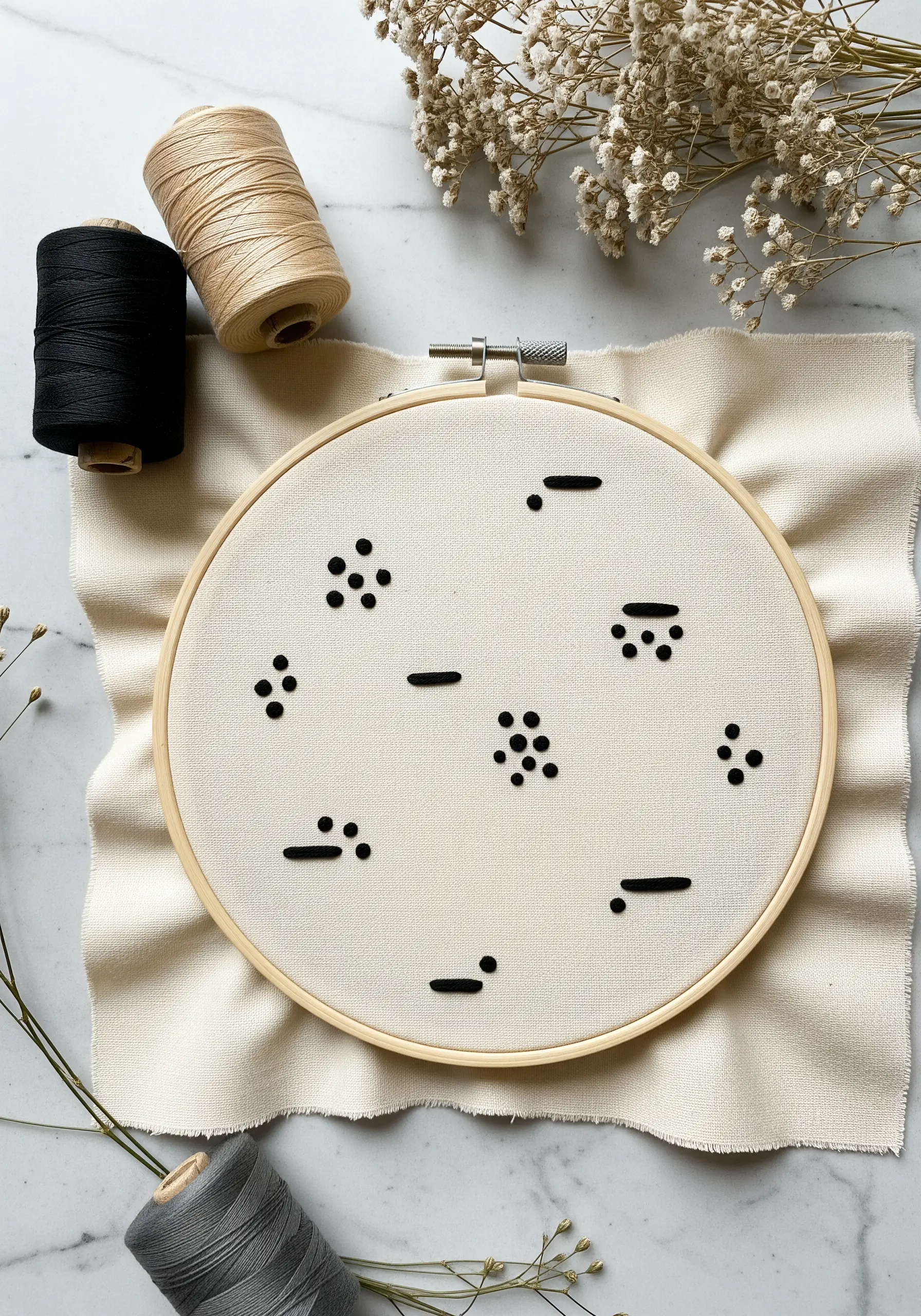 Minimalist black dots and dashes stitched in abstract patterns on cream fabric.