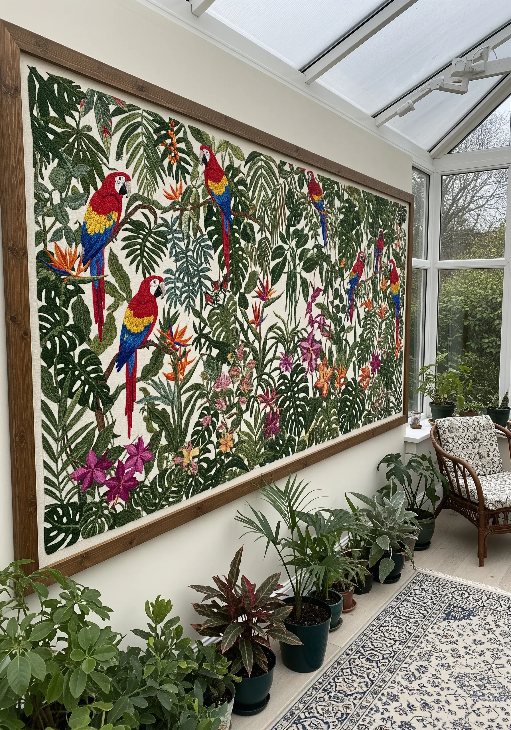 A very large framed embroidery mural of a dense jungle with parrots and tropical flowers.