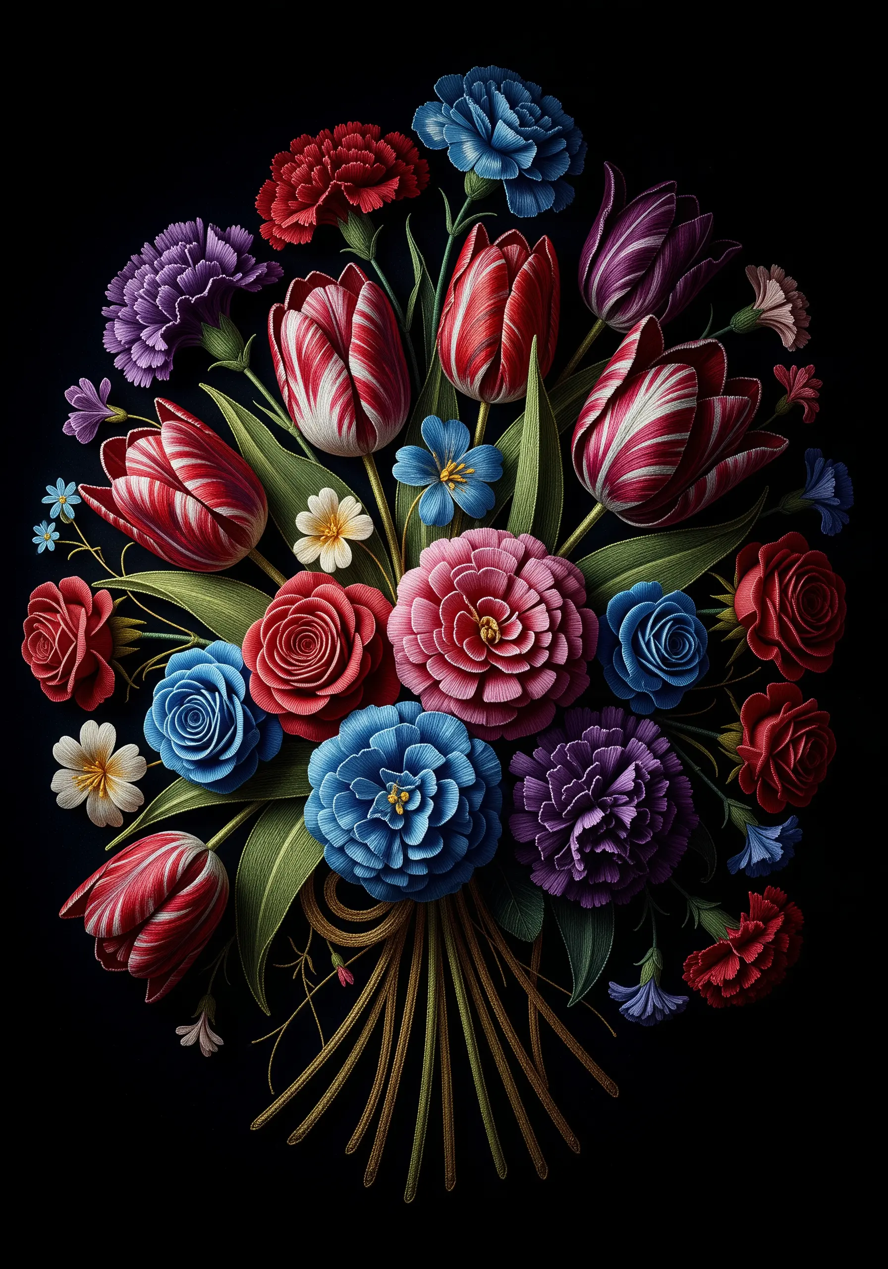 A highly detailed and colorful embroidered bouquet with roses, tulips, and carnations on black.