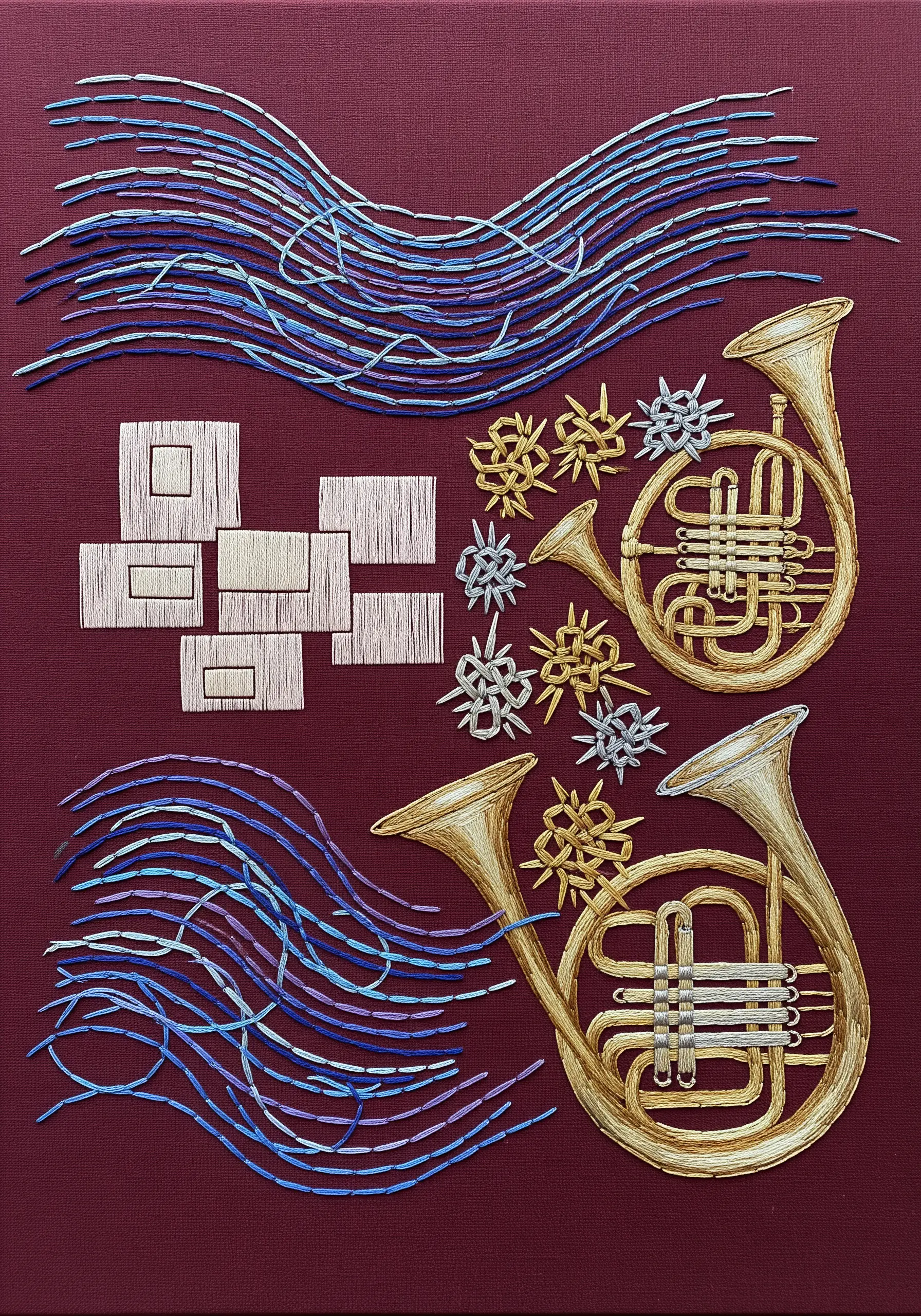 Abstract embroidery depicting musical sounds with french horns and flowing thread.