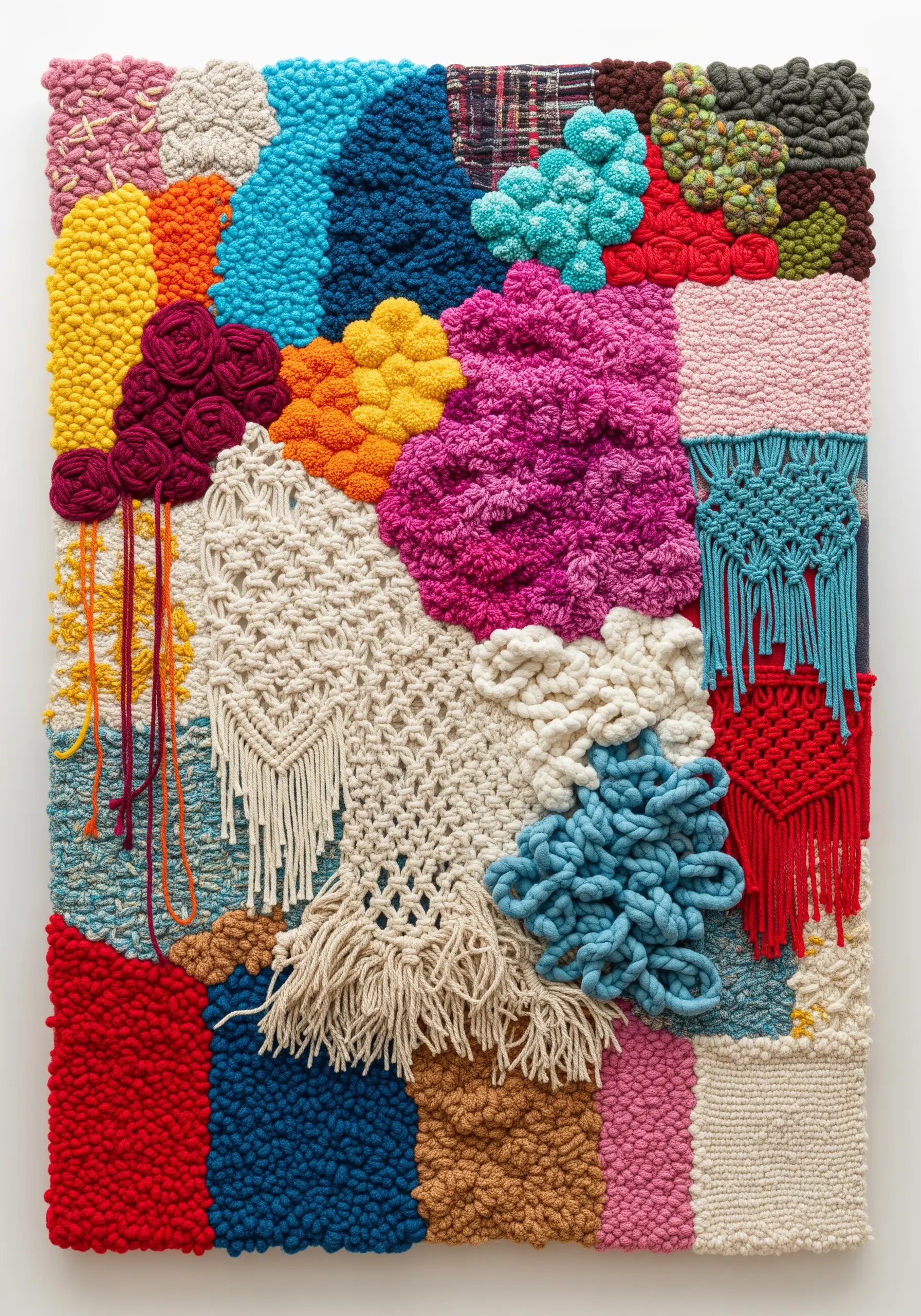 A vibrant, textured wall art piece composed of different fiber techniques like a patchwork quilt.
