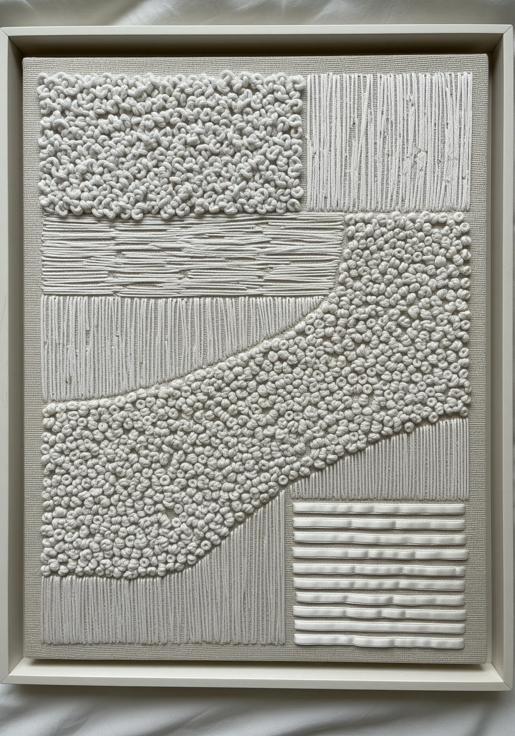 A framed monochrome white embroidery sampler showcasing a variety of highly textured stitches.