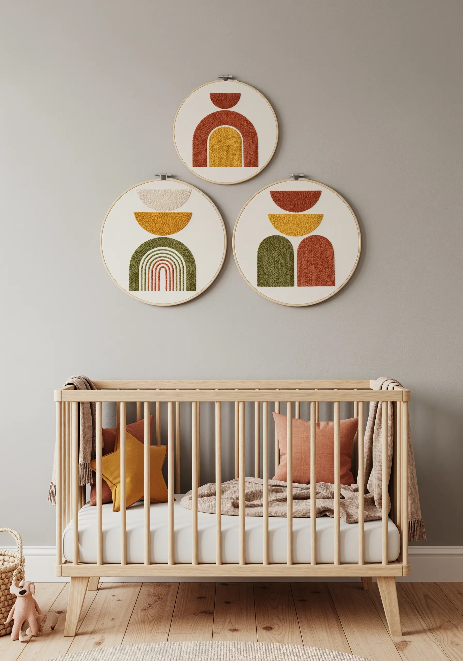 Three embroidery hoops with abstract, earthy-toned shapes and rainbows.