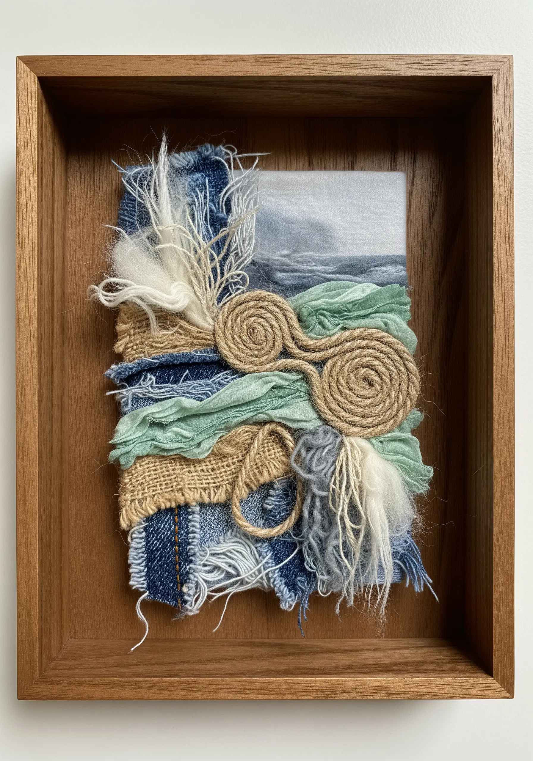 Framed shadowbox containing a layered fiber collage of denim, jute, and wool.