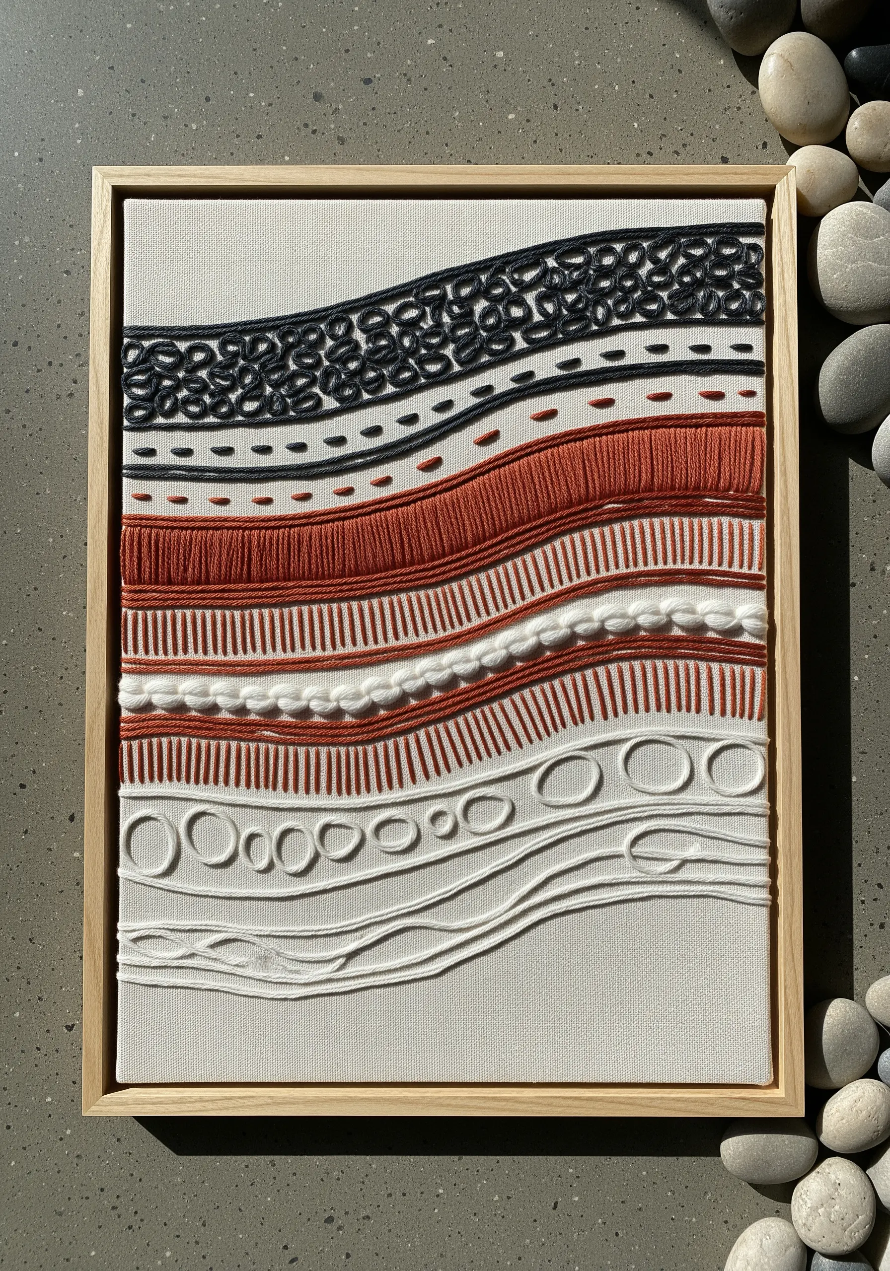 Framed abstract embroidery with horizontal bands of different textural stitches.