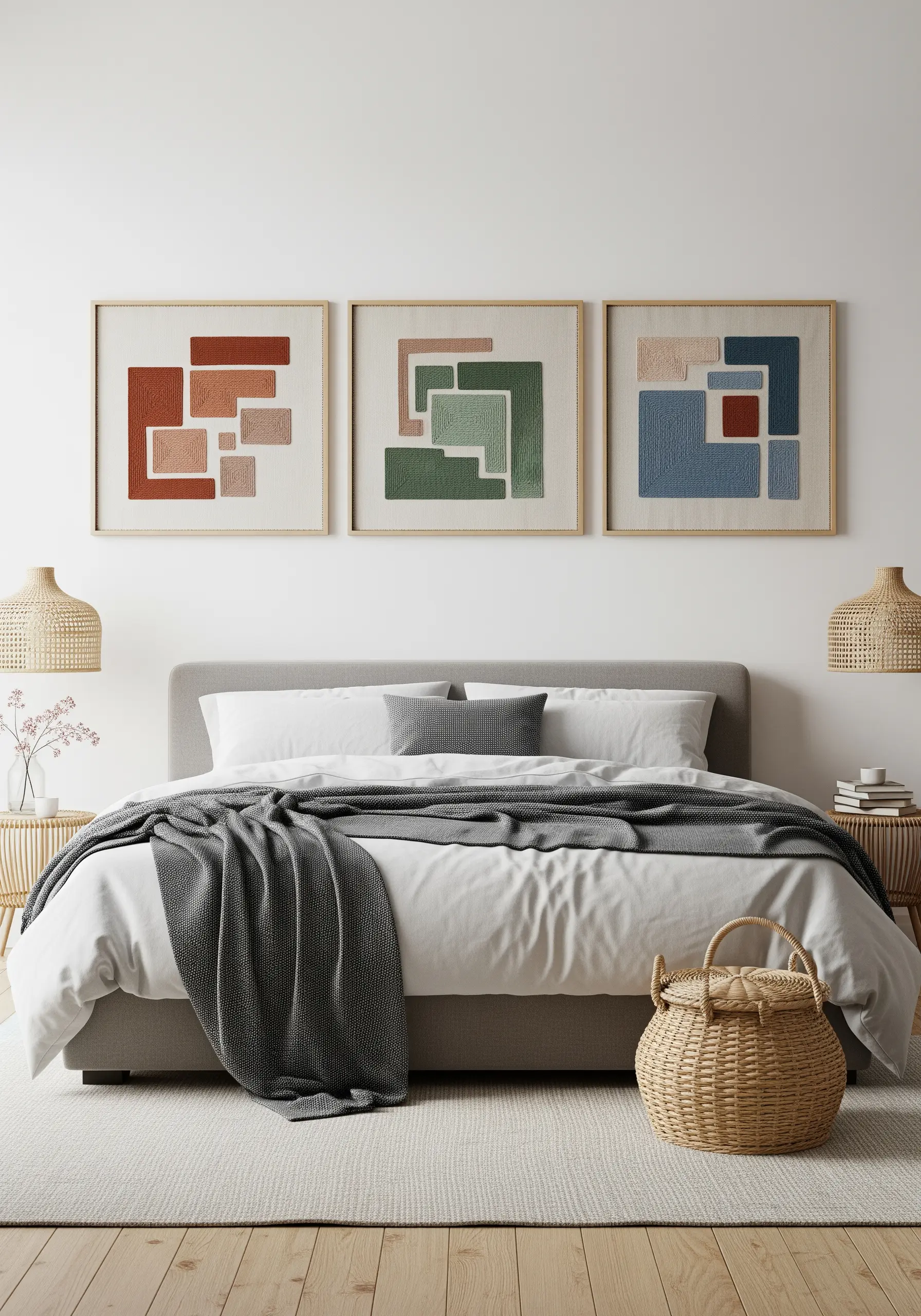 Three framed embroidery pieces with abstract, overlapping geometric shapes in muted tones.