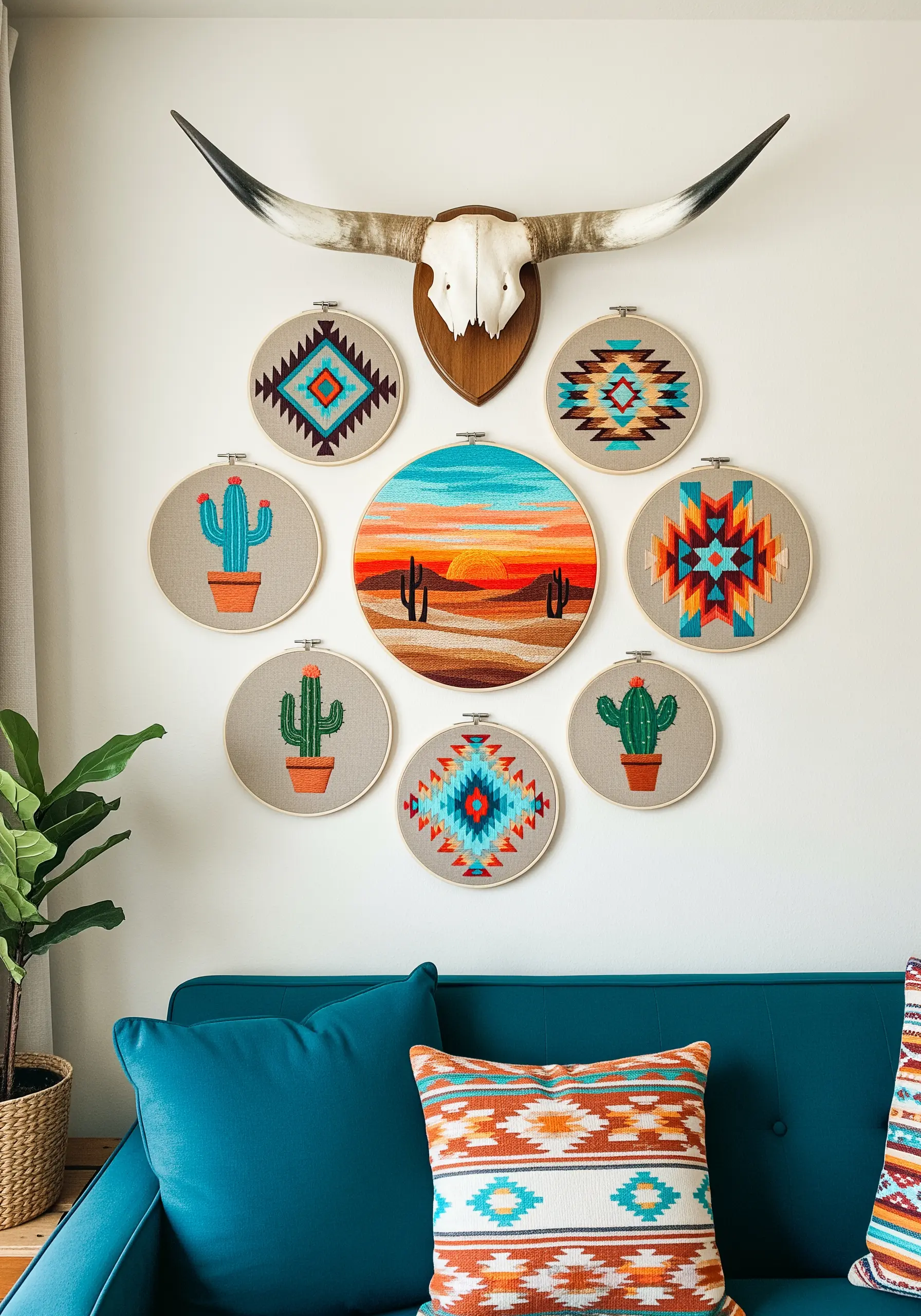 A gallery wall of southwestern-themed embroidery, with a central desert scene and smaller geometric hoops.