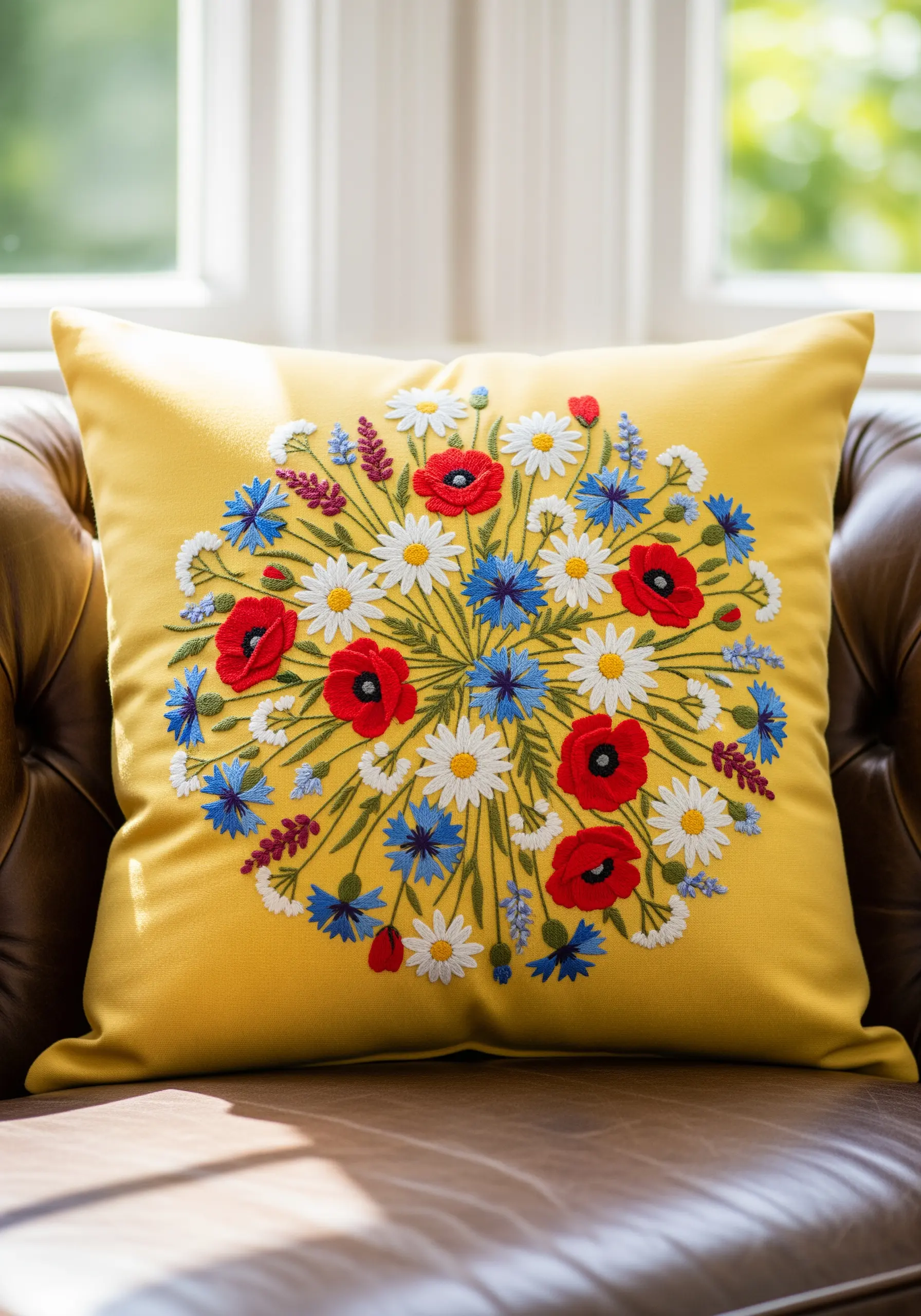 A vibrant circular bouquet of embroidered wildflowers on a bright yellow pillow.