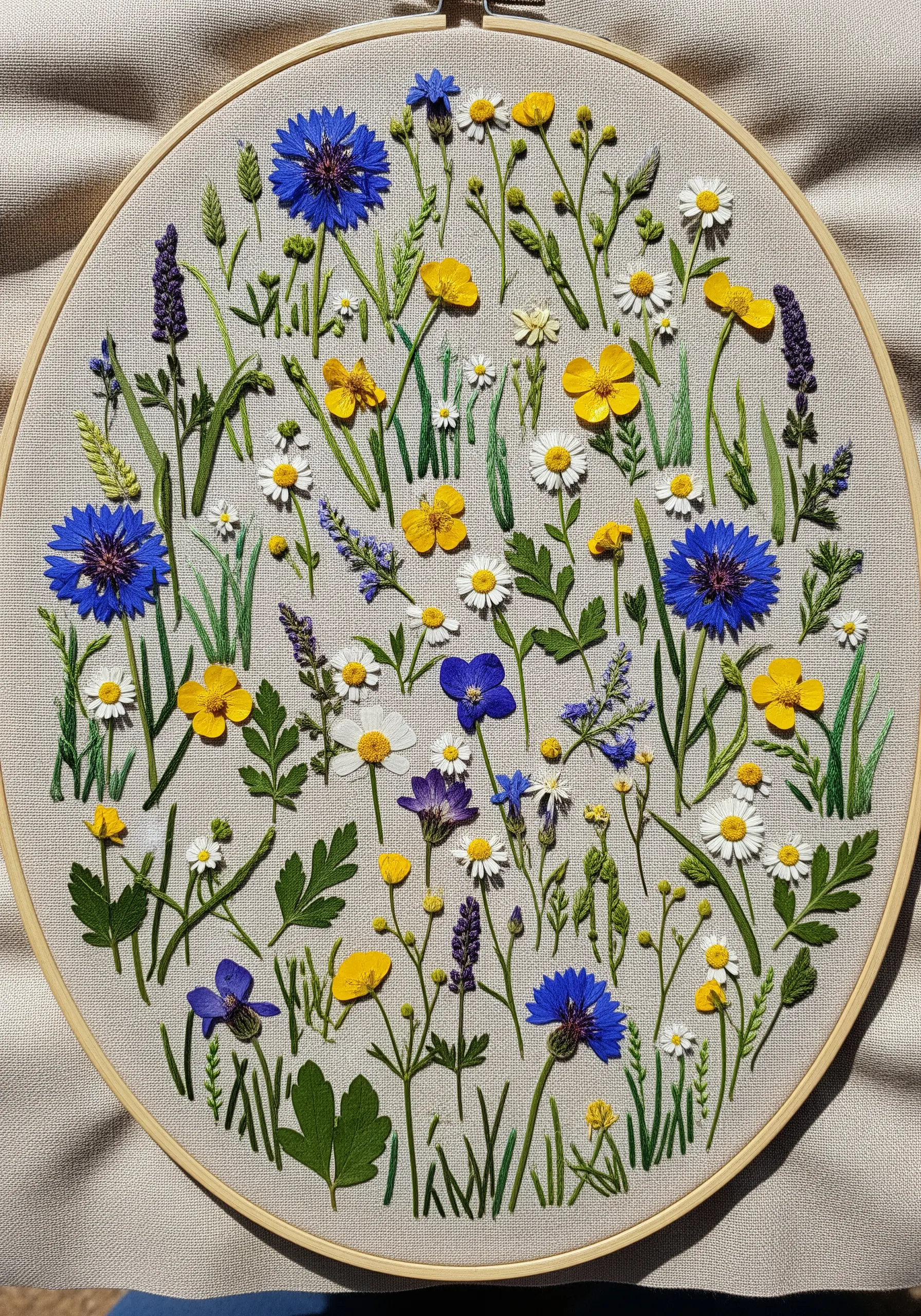 A dense embroidery hoop filled with various pressed wildflowers and stitched stems creating a meadow effect.