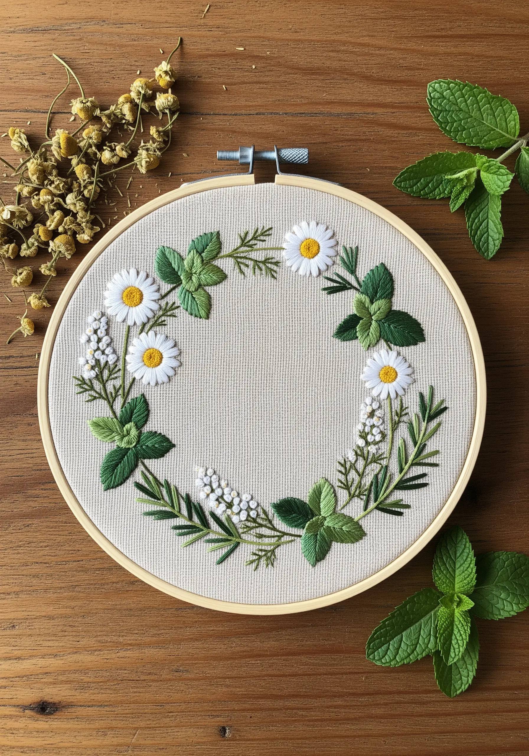 An embroidered wreath of chamomile, mint, and herbs with varied stitch textures