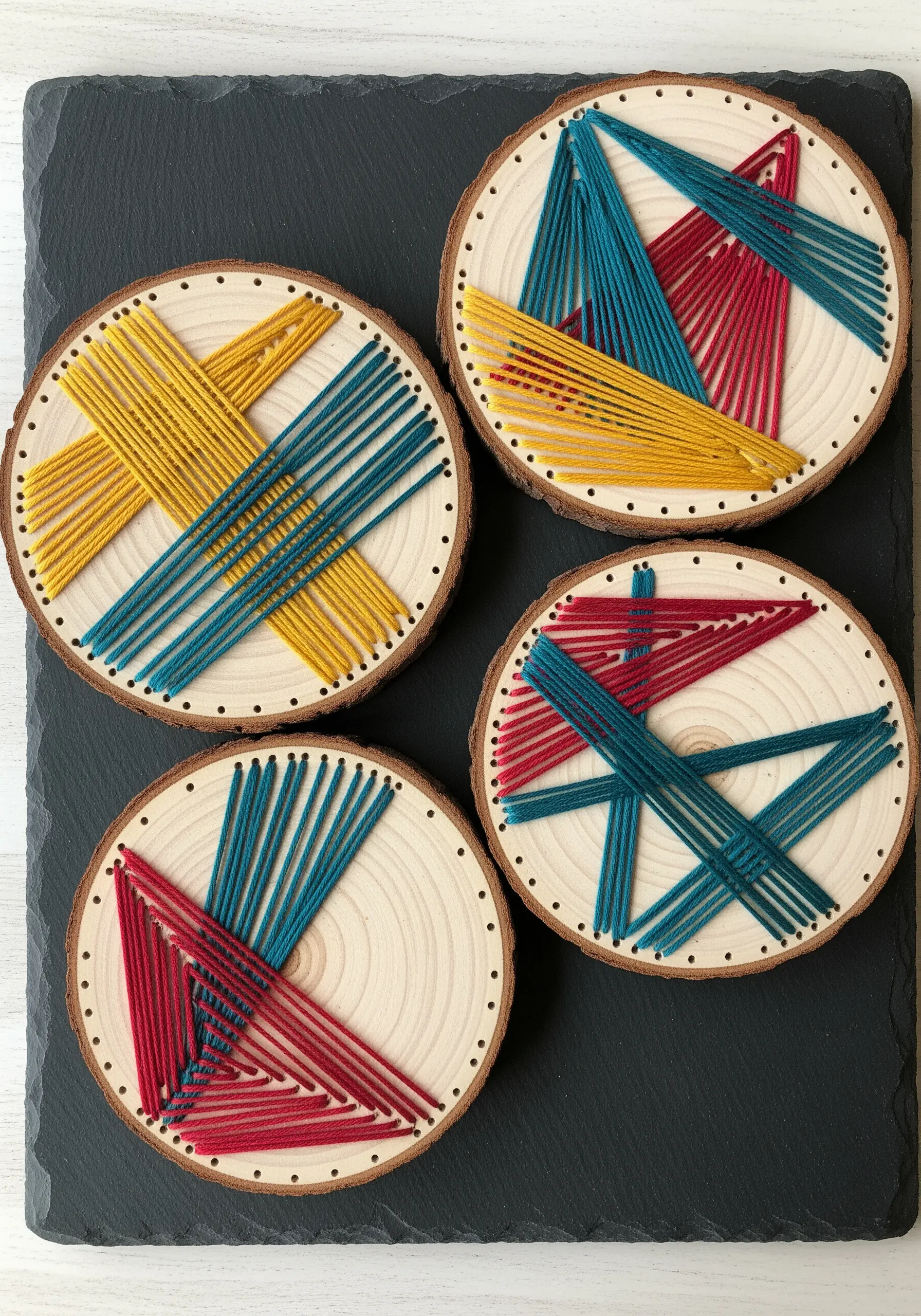 Four coasters made from wood slices, each decorated with colorful abstract string art patterns.