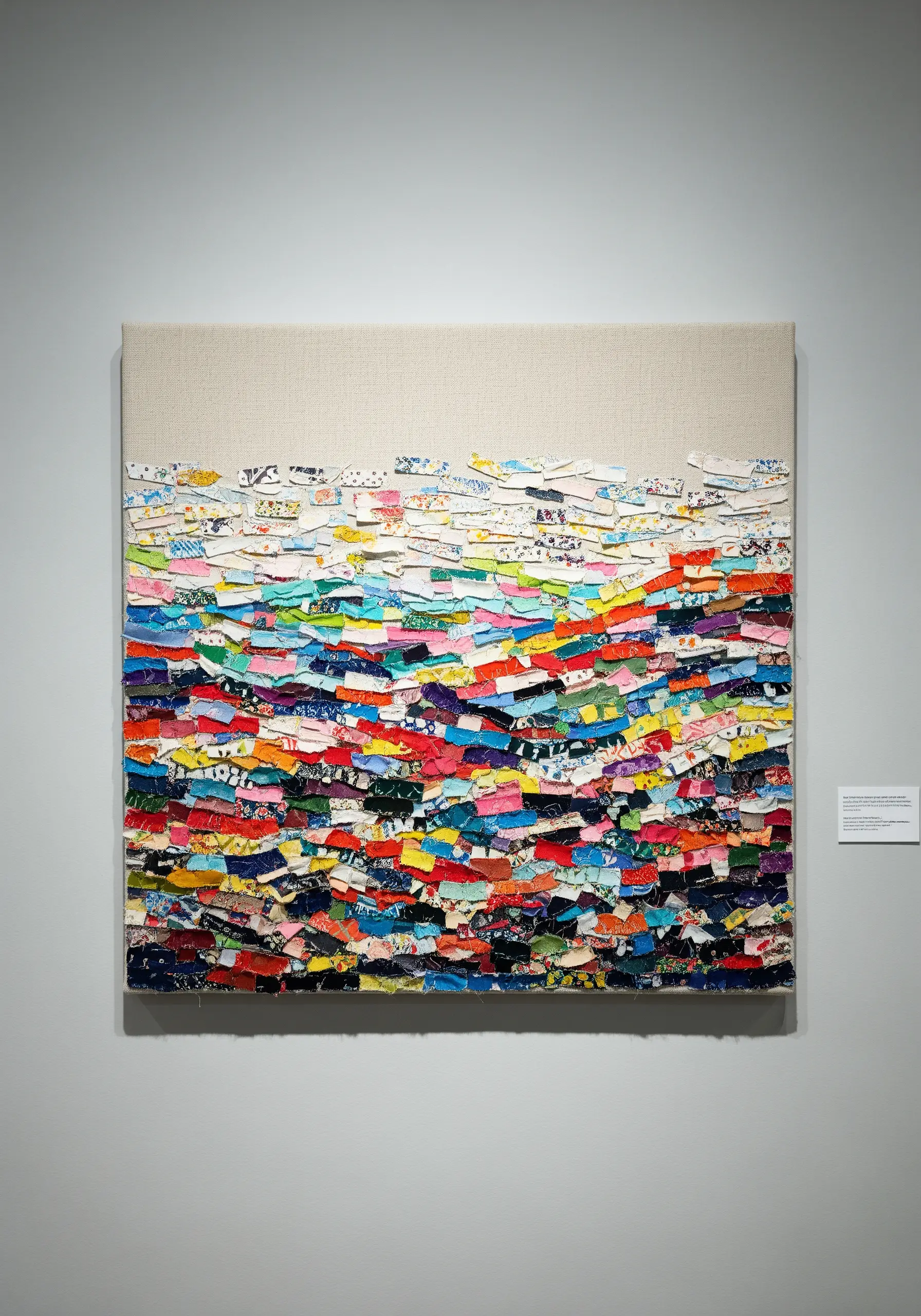 A canvas artwork featuring a textured landscape made from colorful, layered fabric scraps.