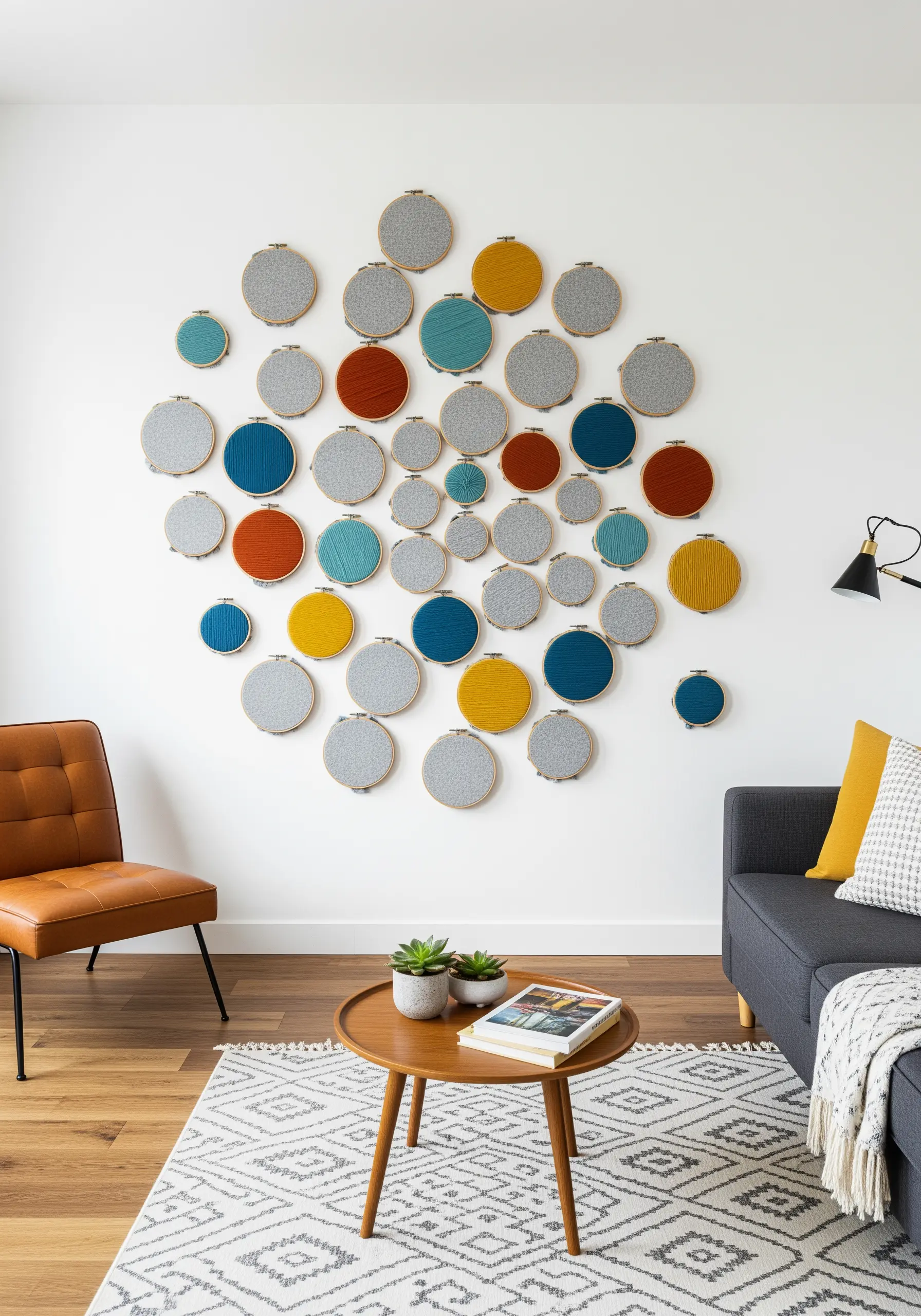 A large wall installation of many small hoops filled with solid-colored seed stitches in gray, blue, and yellow.