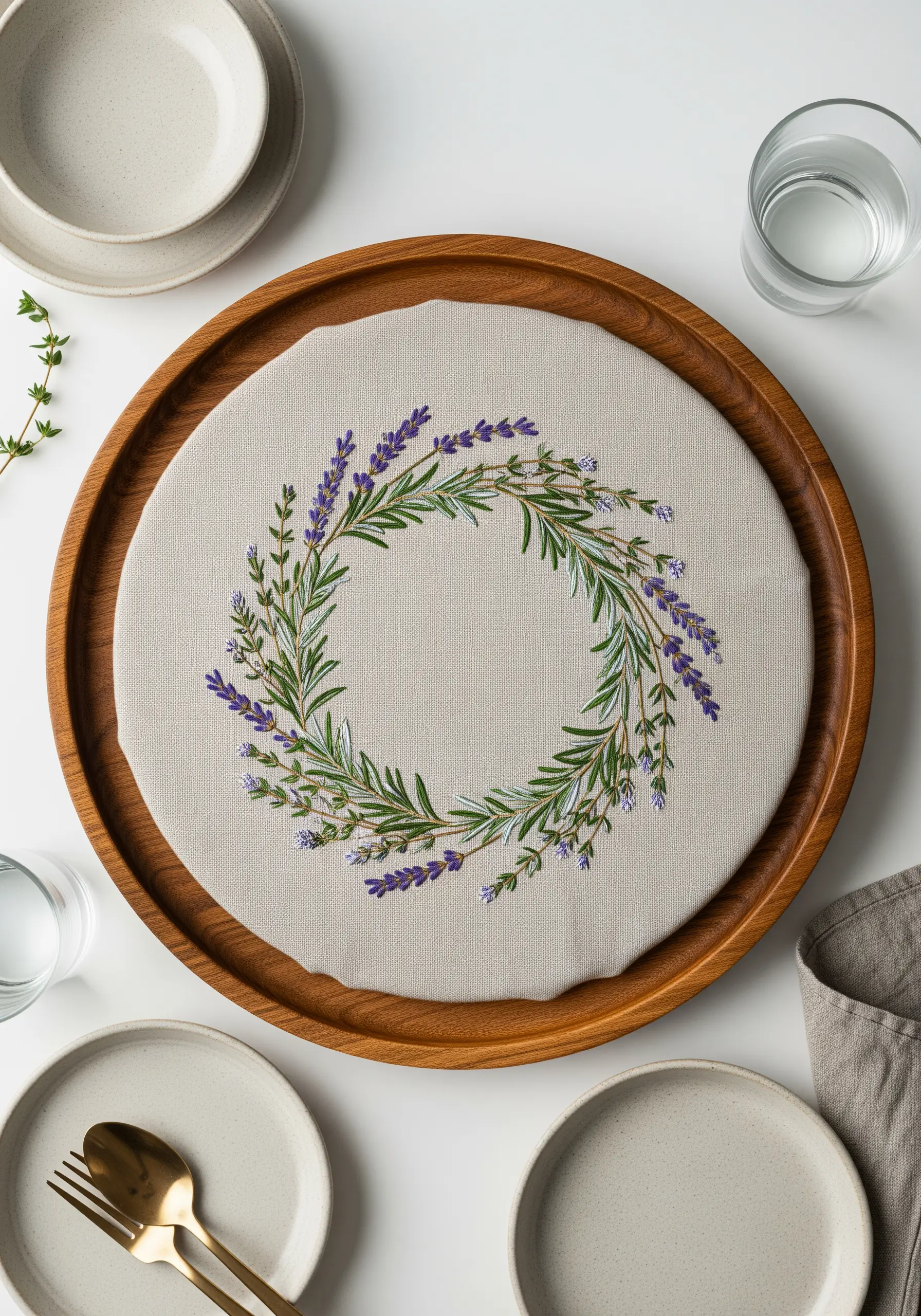 An embroidered lavender and rosemary wreath on a fabric circle placed in a wooden tray.