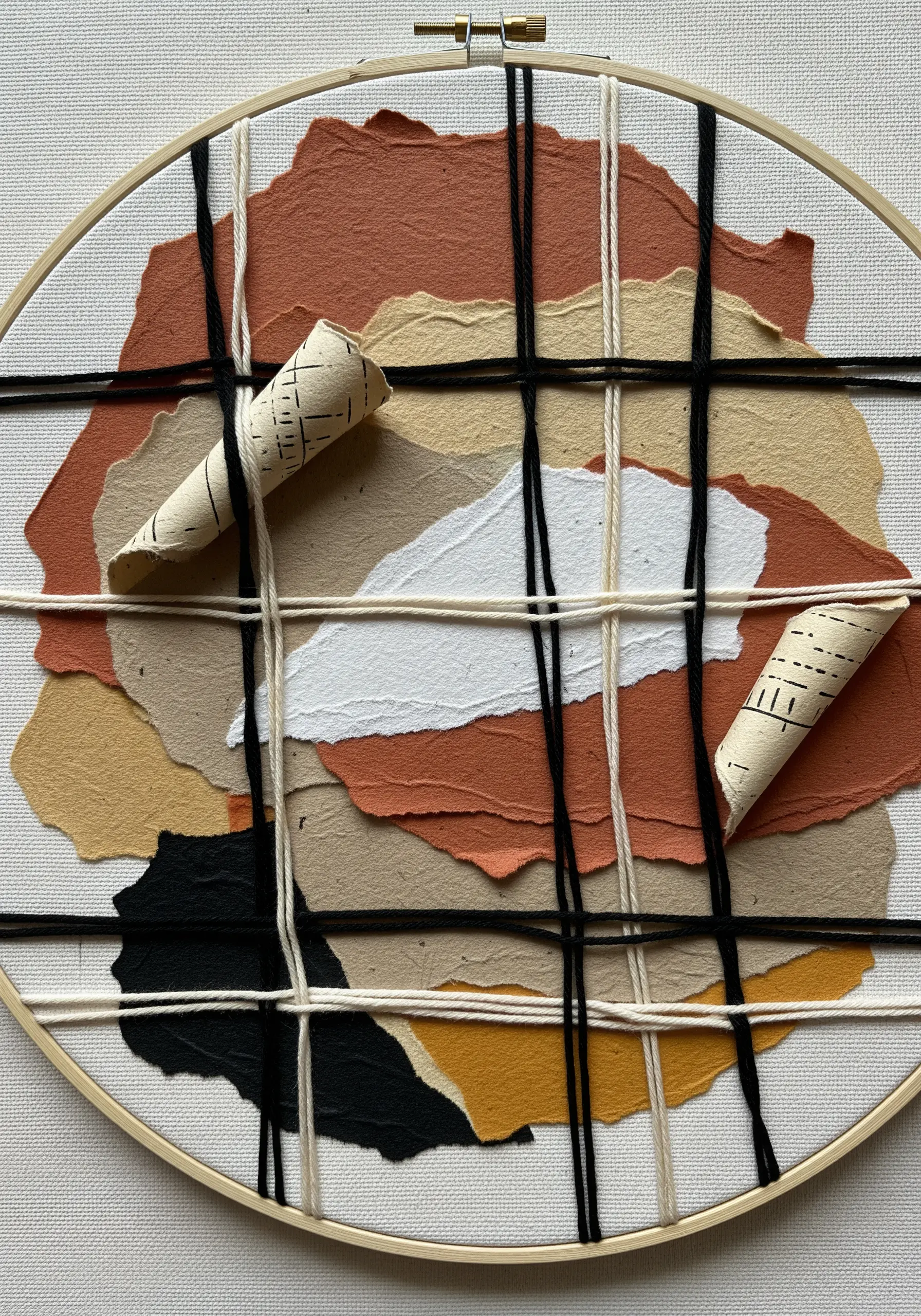 An abstract hoop art piece with torn, layered earth-toned papers held down by a grid of black and white yarn.