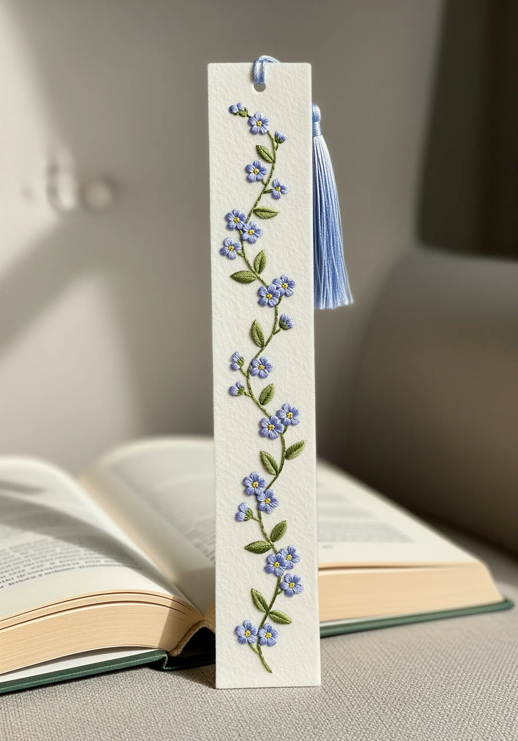 Embroidered bookmark with a delicate climbing vine of blue forget-me-not flowers.