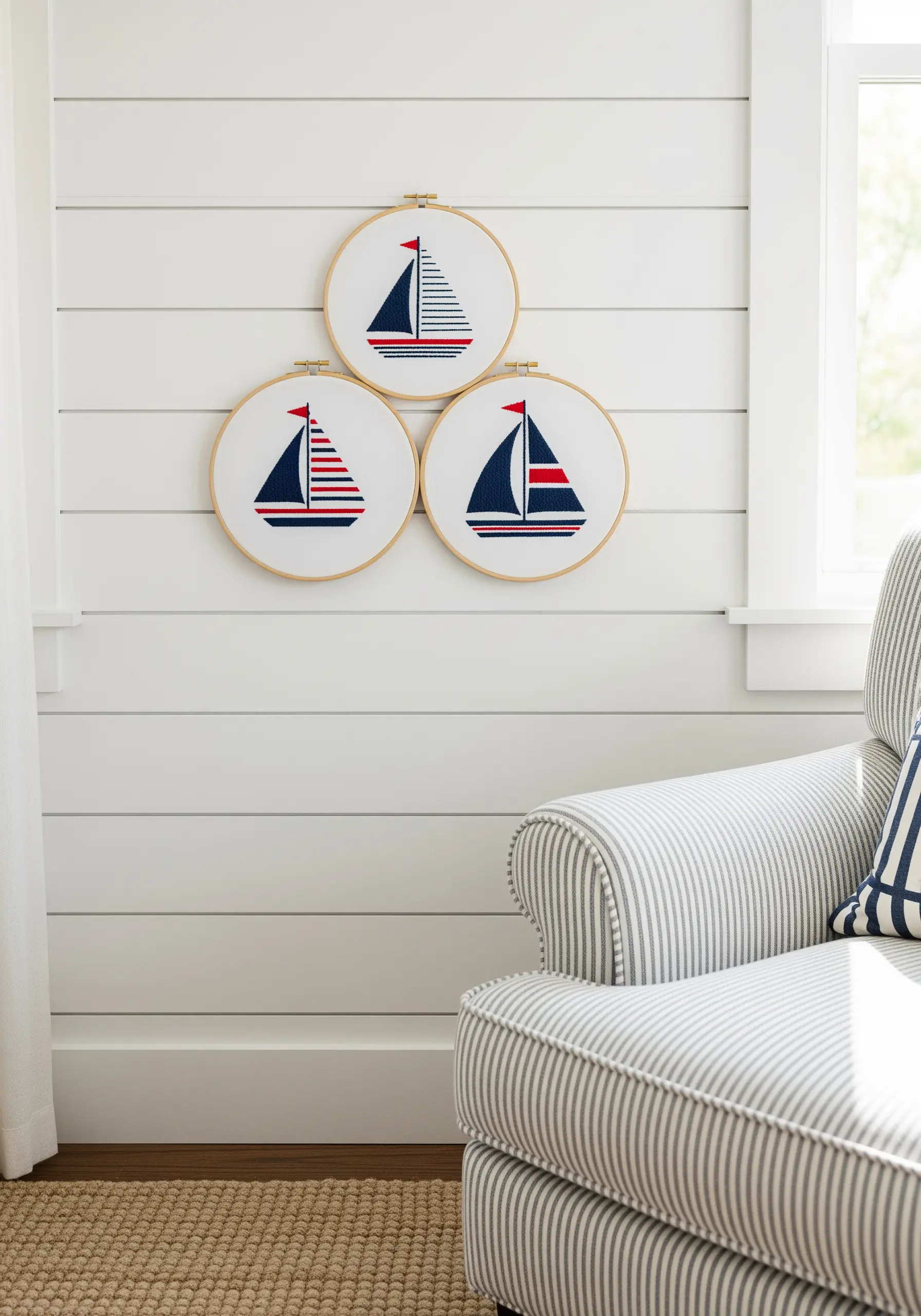 Trio of embroidery hoops with geometric sailboats in navy, red, and white on a shiplap wall.