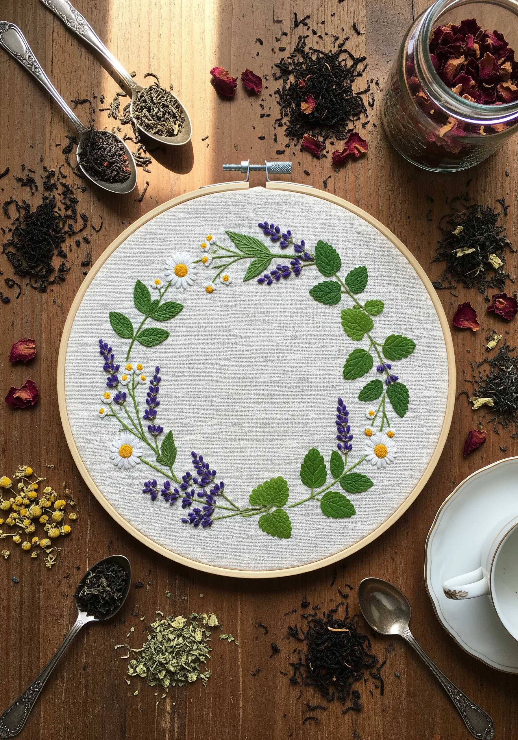 An embroidered wreath combining chamomile, lavender, and mint on a light fabric background.